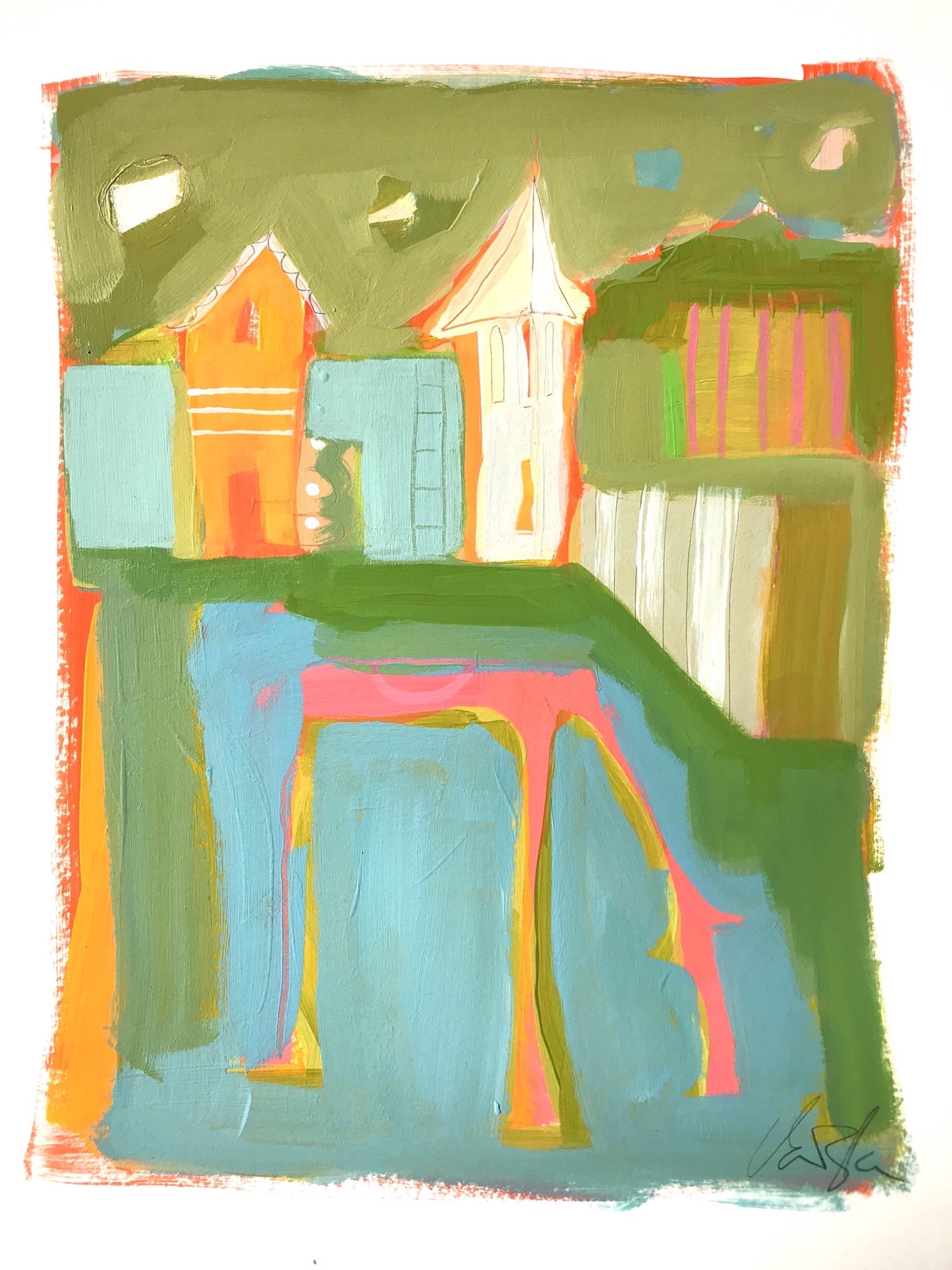 Two Cottages and Pink Horse by Rachael Van Dyke