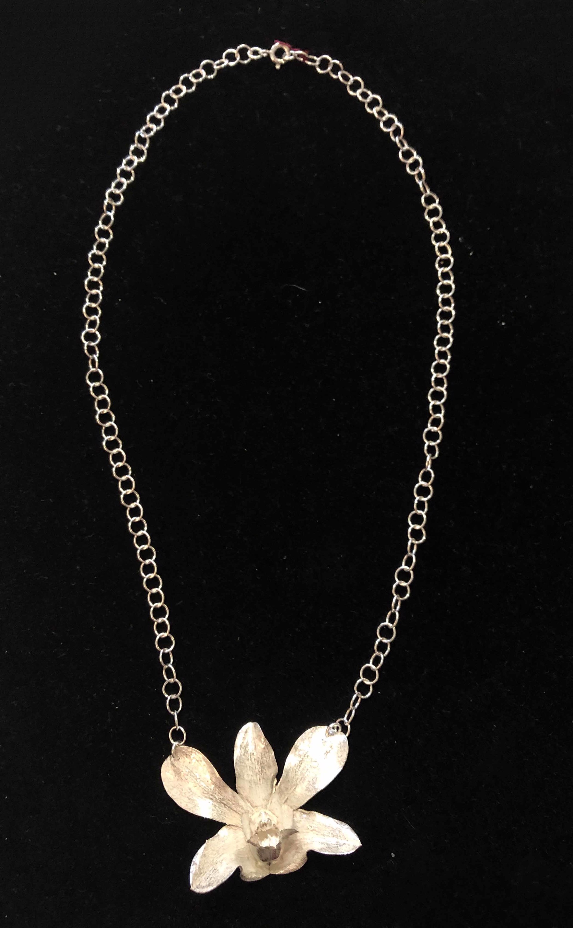 Large Single Sterling Silver Cast Orchid on Chain Necklace by Wayne Keeth