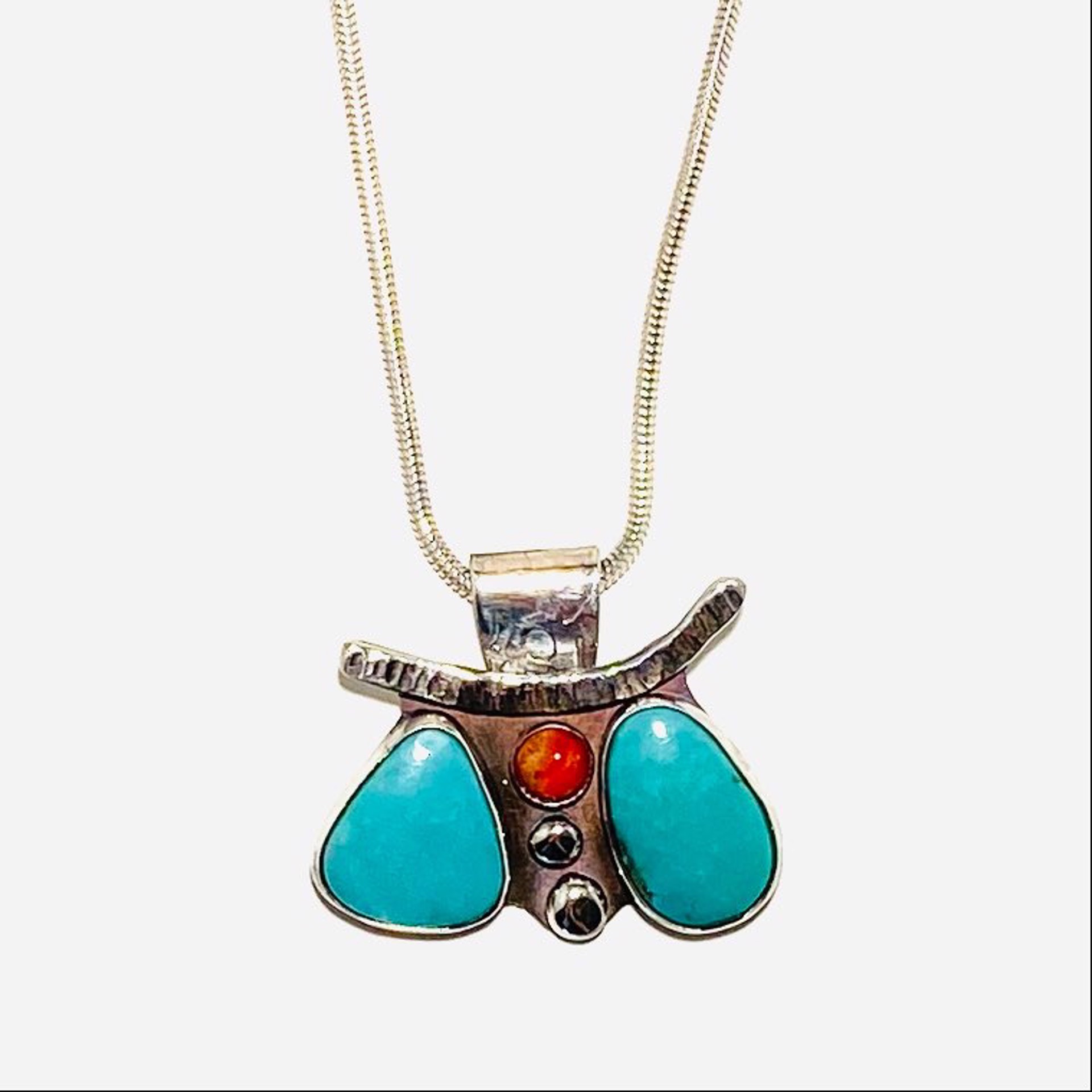AB23-42 Abstract Campitos Turquoise Inlay Cabachon Spiney Oyster Accent 18”Snake Chain  Necklace by Anne Bivens