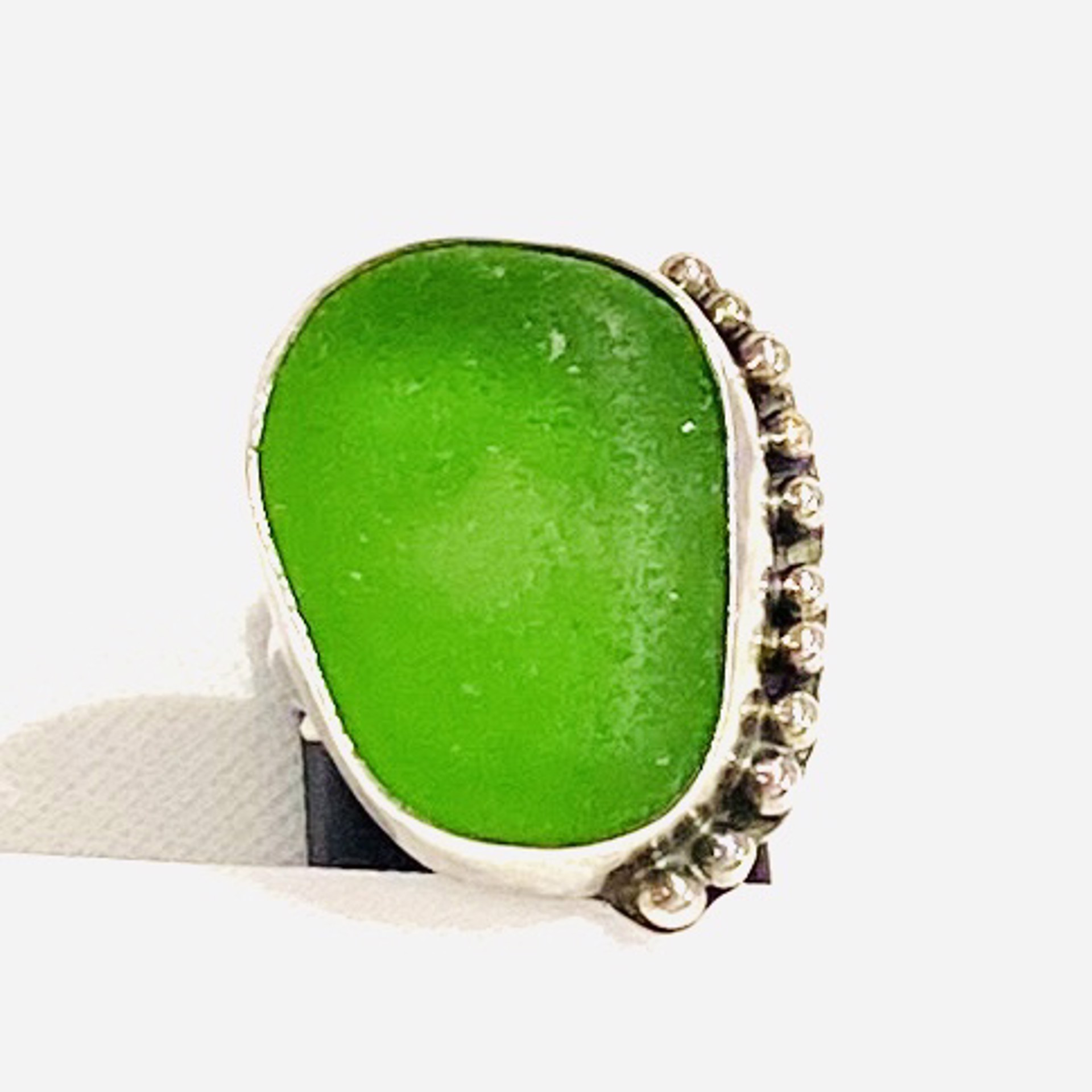 Green Sea Glass with Fish Cut Out Silver Ring, sz 6 by Anne Bivens