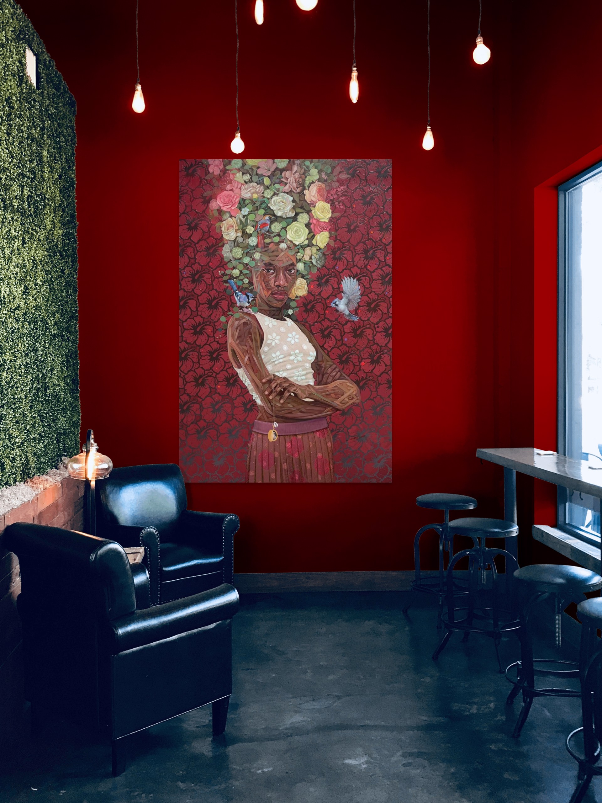 "Nest IV" by Ifeoluwa Alade, an acrylic painting on canvas featuring a woman with flowers in her hair against a red floral background, with two birds.