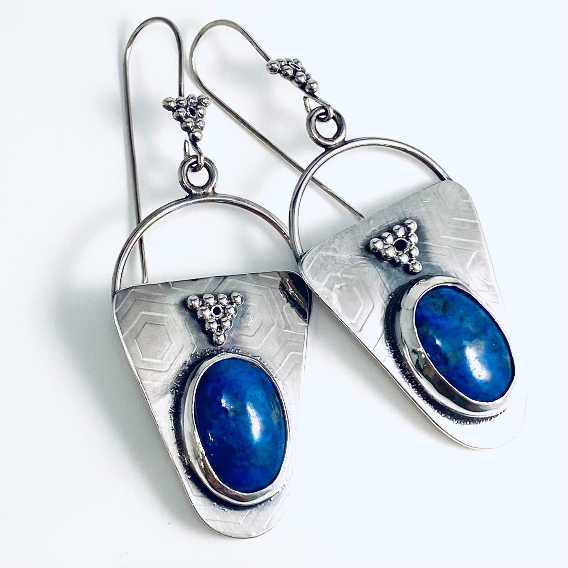 AB22-58 Inverted Triangle Oval Lapis Lazuli Cabochon  with Bead Accent Earrings by Anne Bivens