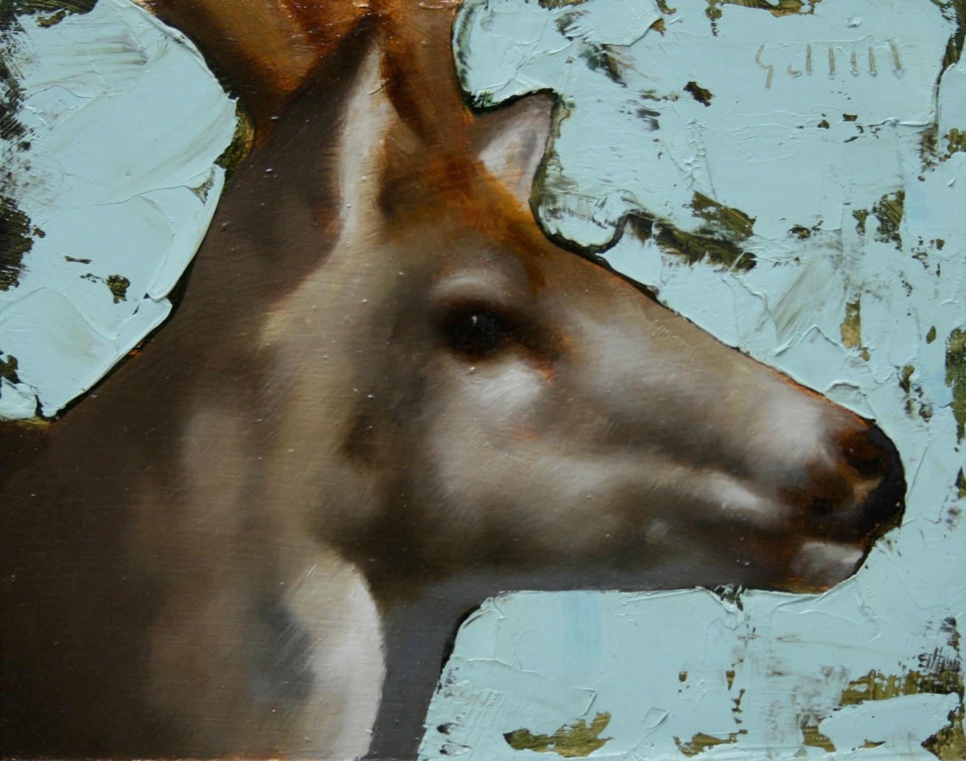 An Original Oil Painting Of A Buck Deer Face Profile With A Contemporary Blue Background, By George Hill