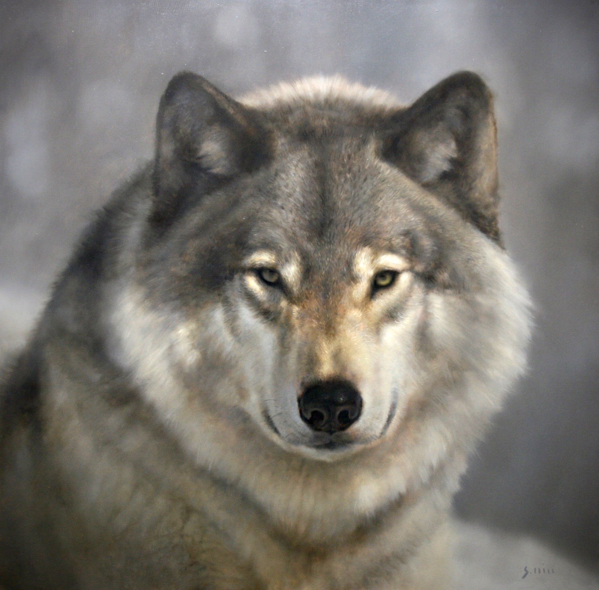 Original Oil Painting By George Hill Of A Wolf With Grey Background
