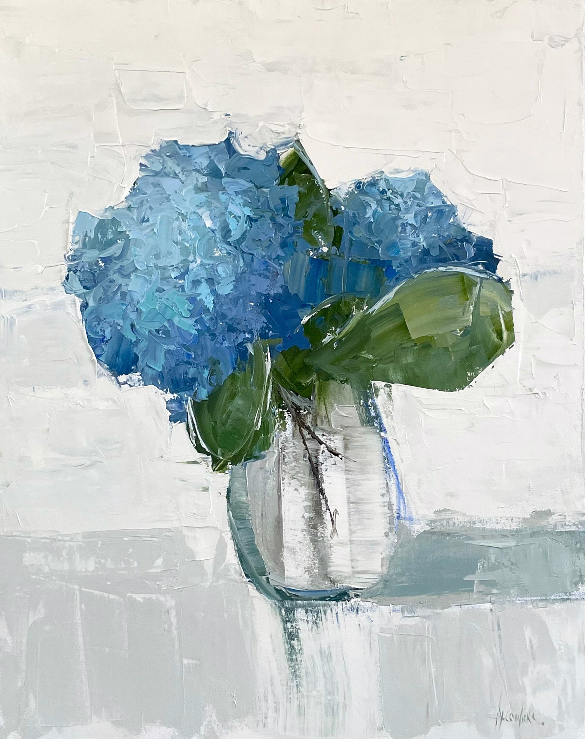 Blue Hydrangeas In Glass by Barbara Flowers