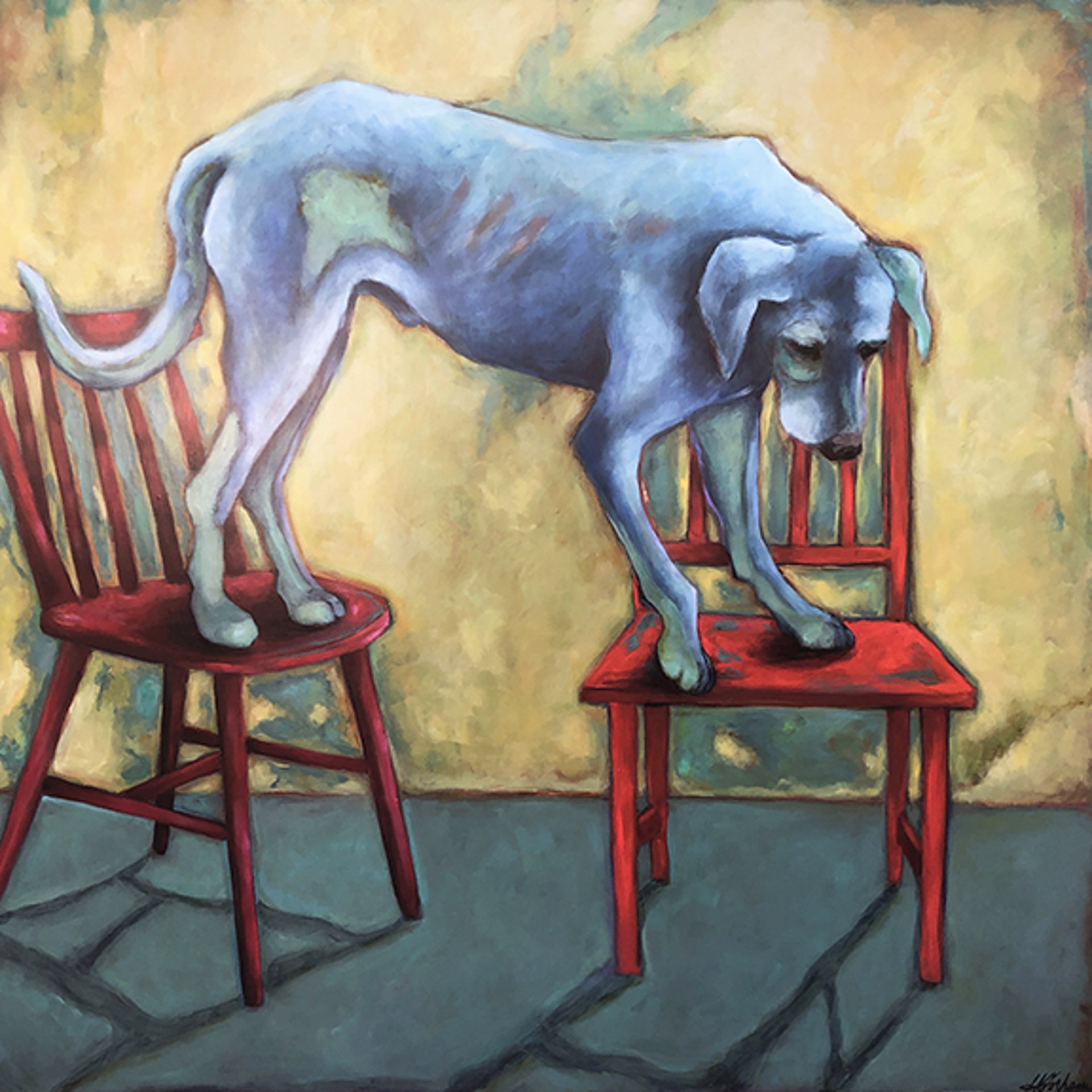 Sky Blue Dog on Red Red Chairs by Heather Gorham