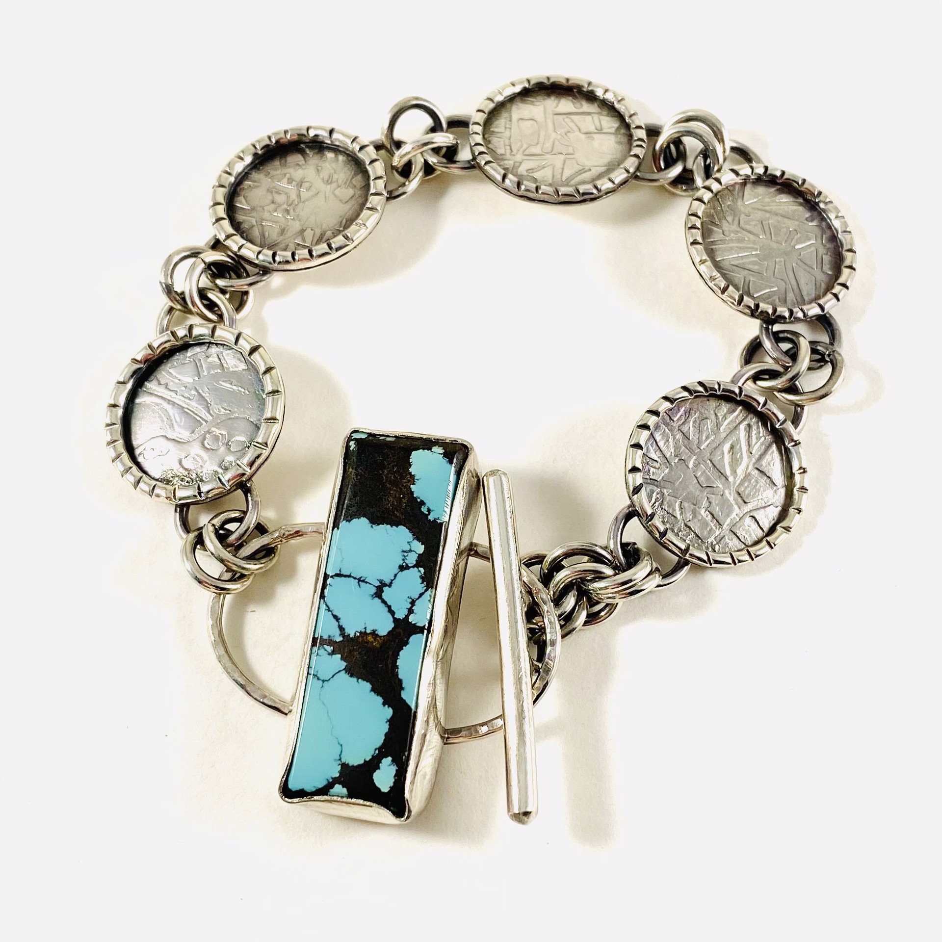 AB21-23 Sterling and Turquoise Link Bracelet 7.25" by Anne Bivens