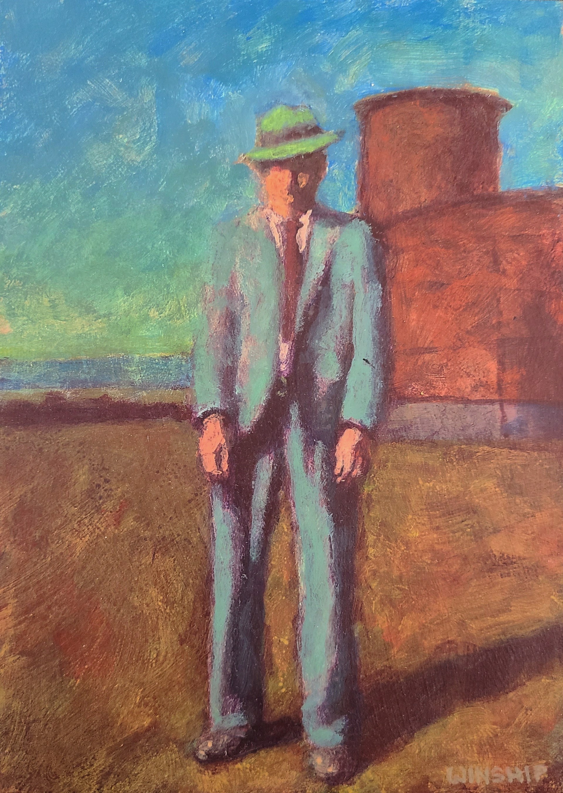 MAN IN FRONT OF A SILO by JOHN WINSHIP