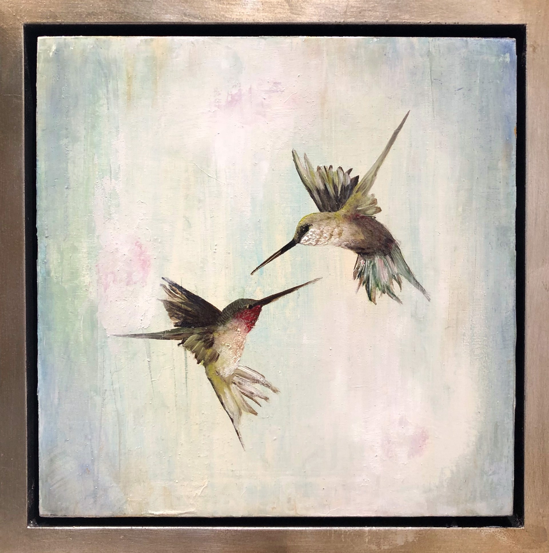 An Original Oil Painting Of Two Humming Birds In Flight With Three Red Dots Suspended On A Light Colored Contemporary Background, By Jenna Von Benedikt