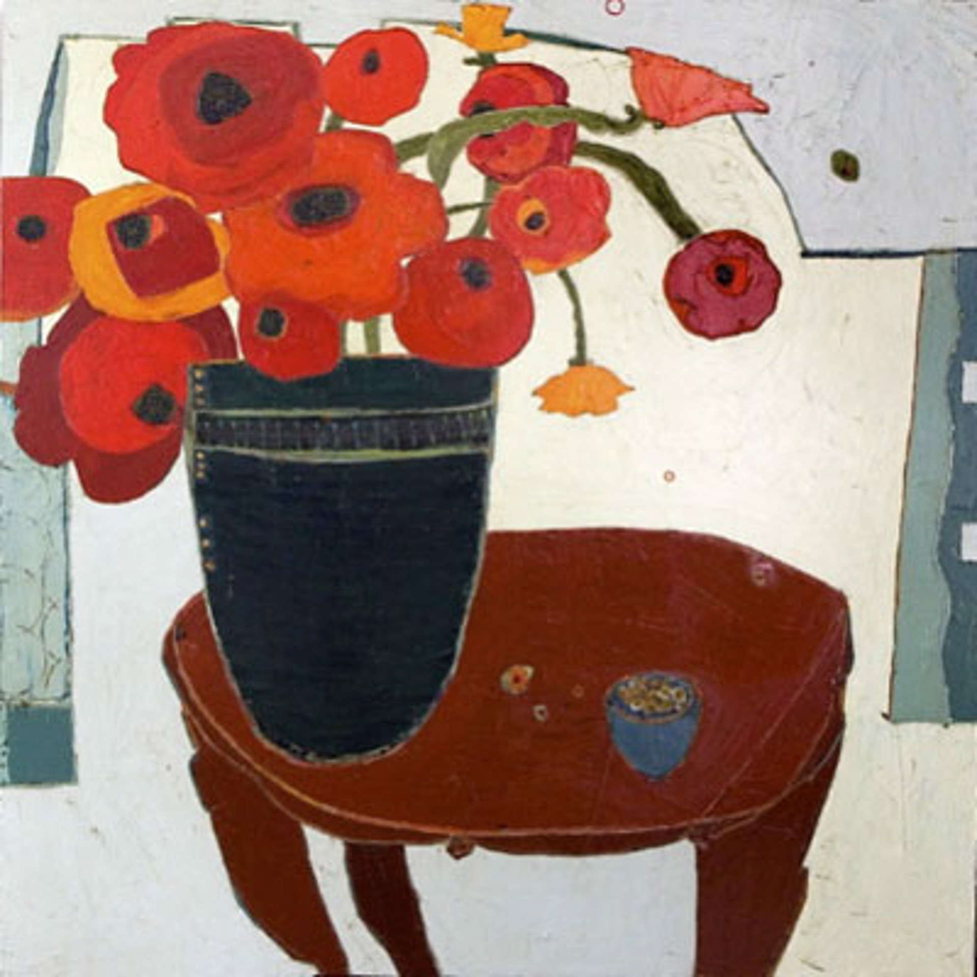 Poppies in Stripe Vase on Antique Table by Karen Tusinski