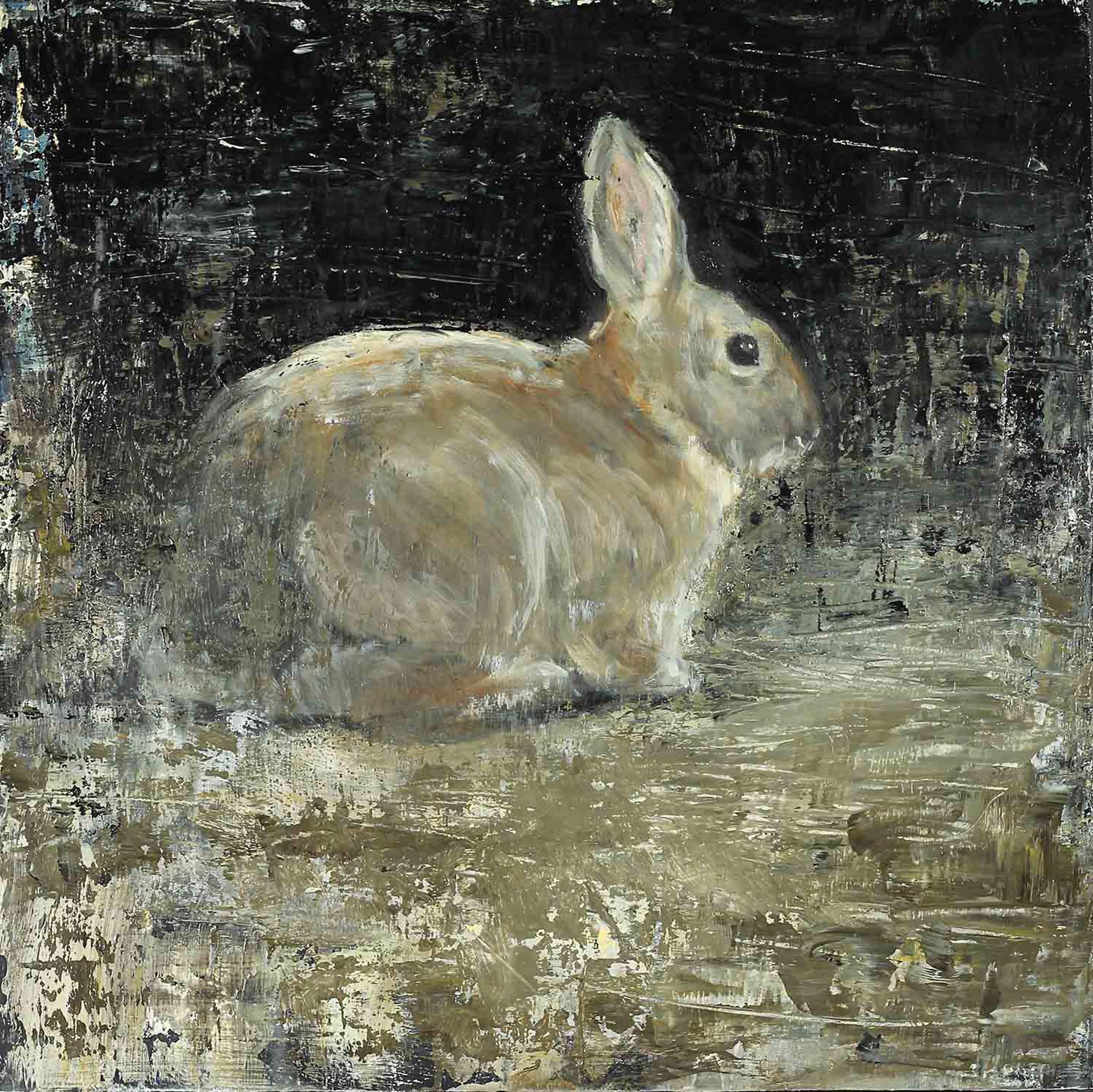 An Original Contemporary Fine Art Painting Of A Small Rabbit With A Brown and Black Abstract Background By Matt Flint Using Mixed Media On Panel