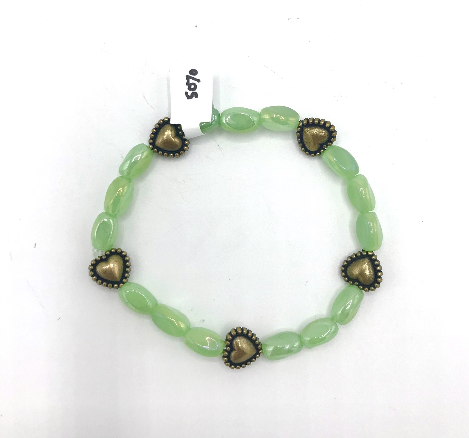 Green Glass Beads with Brass Hearts Bracelet by Emelie Hebert
