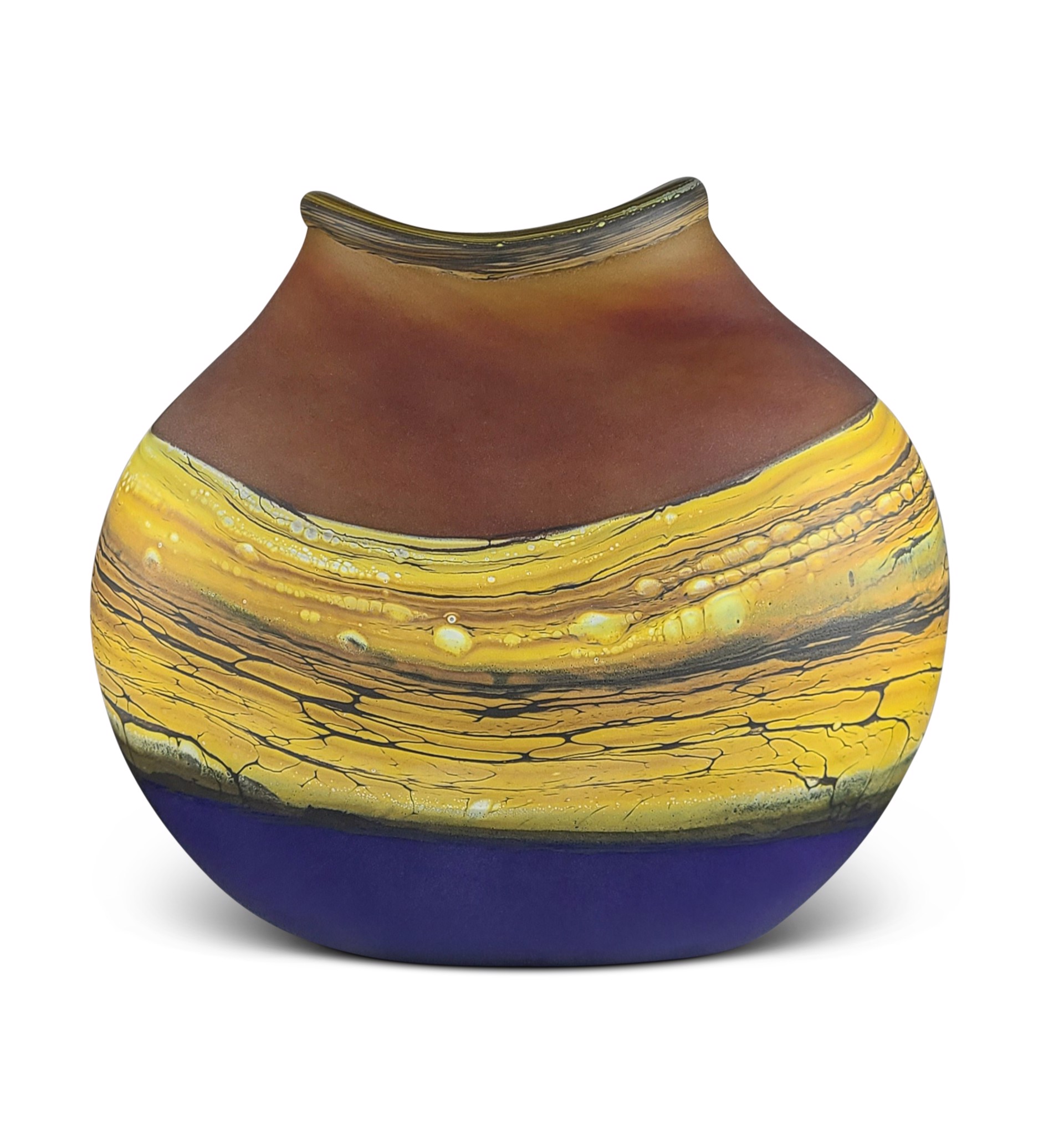Tangerine & Cobalt Transcluent Flattented Round Vase by Danielle Blade Stephen Gartner