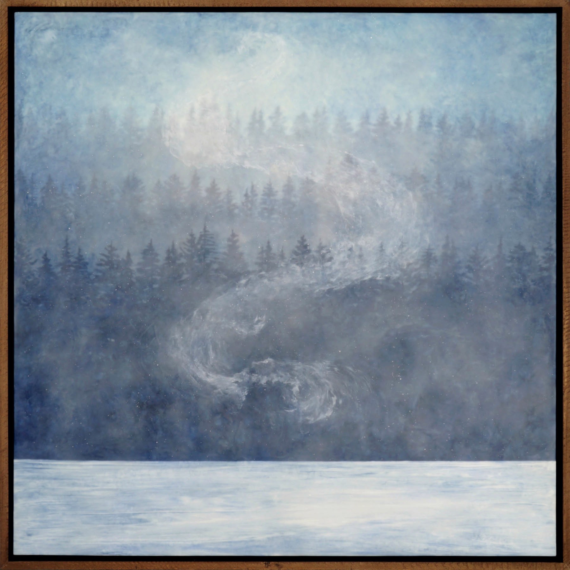 Original Encaustic Landscape Painting Featuring A Snow Covered Mountain With Wind And Hazy Clouds