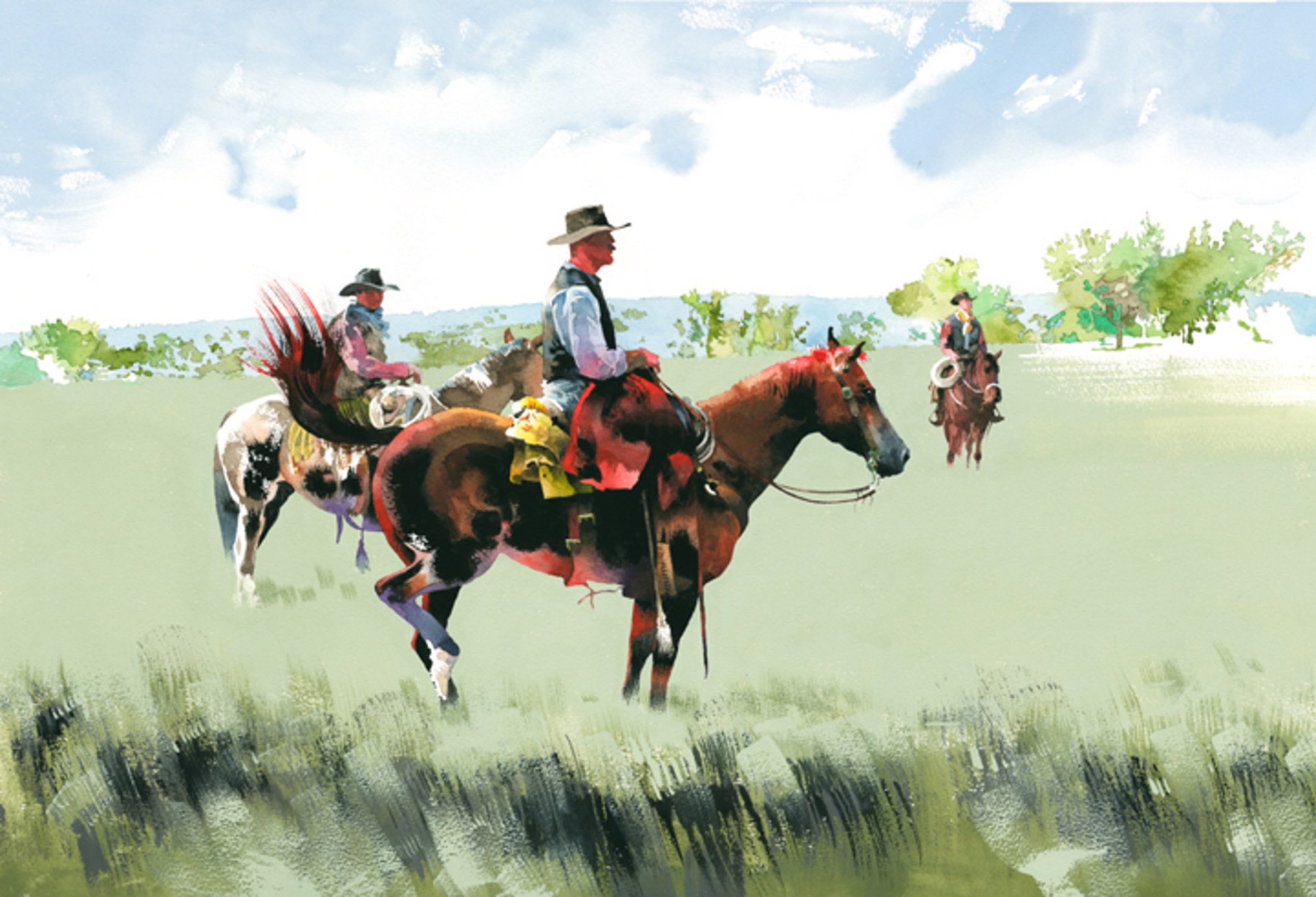 Warm Red Coat (3 cowboys - Artists ride 2013) by Don Weller