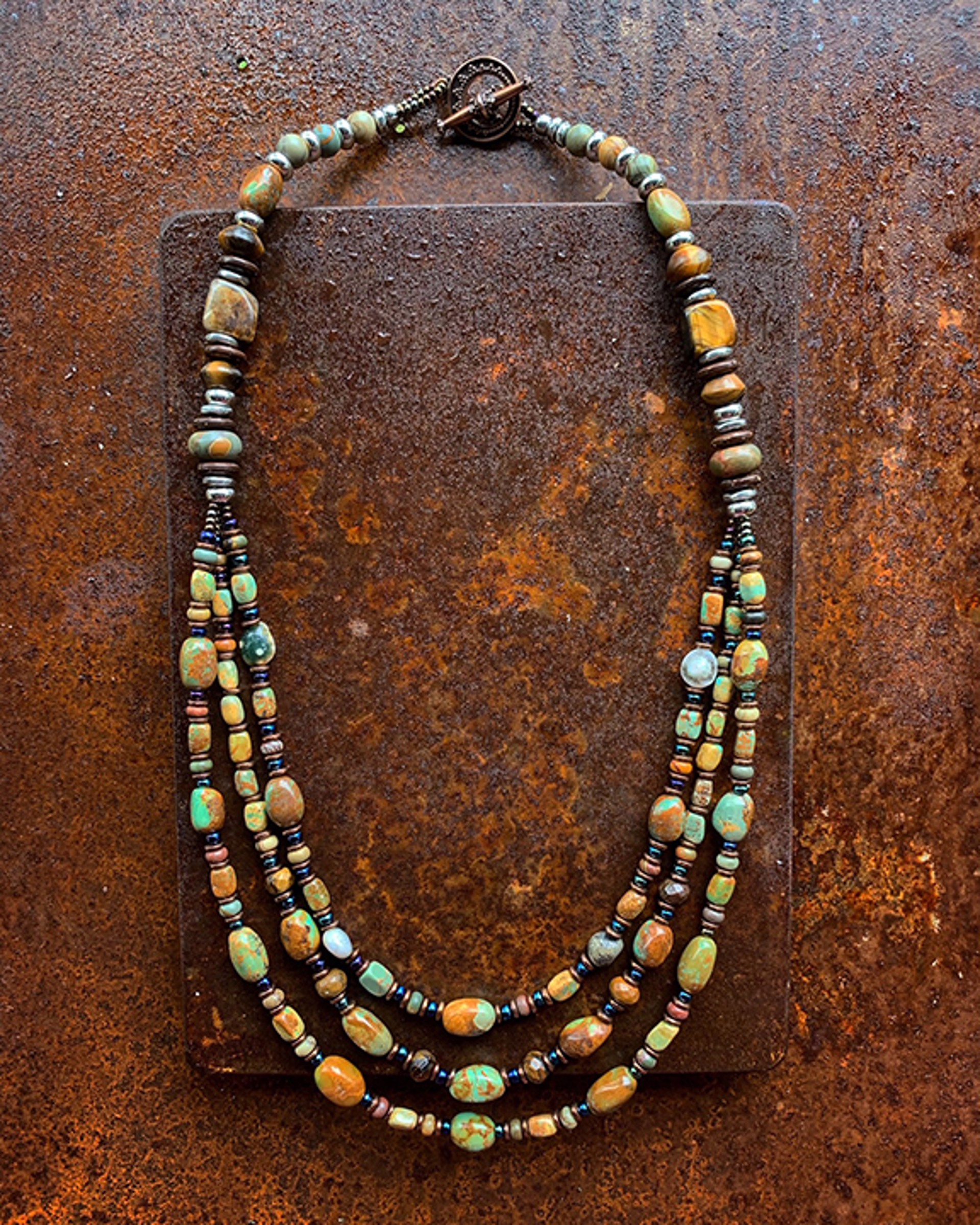 K739 Triple Strand Earth Tone Turquoise Necklace by Kelly Ormsby