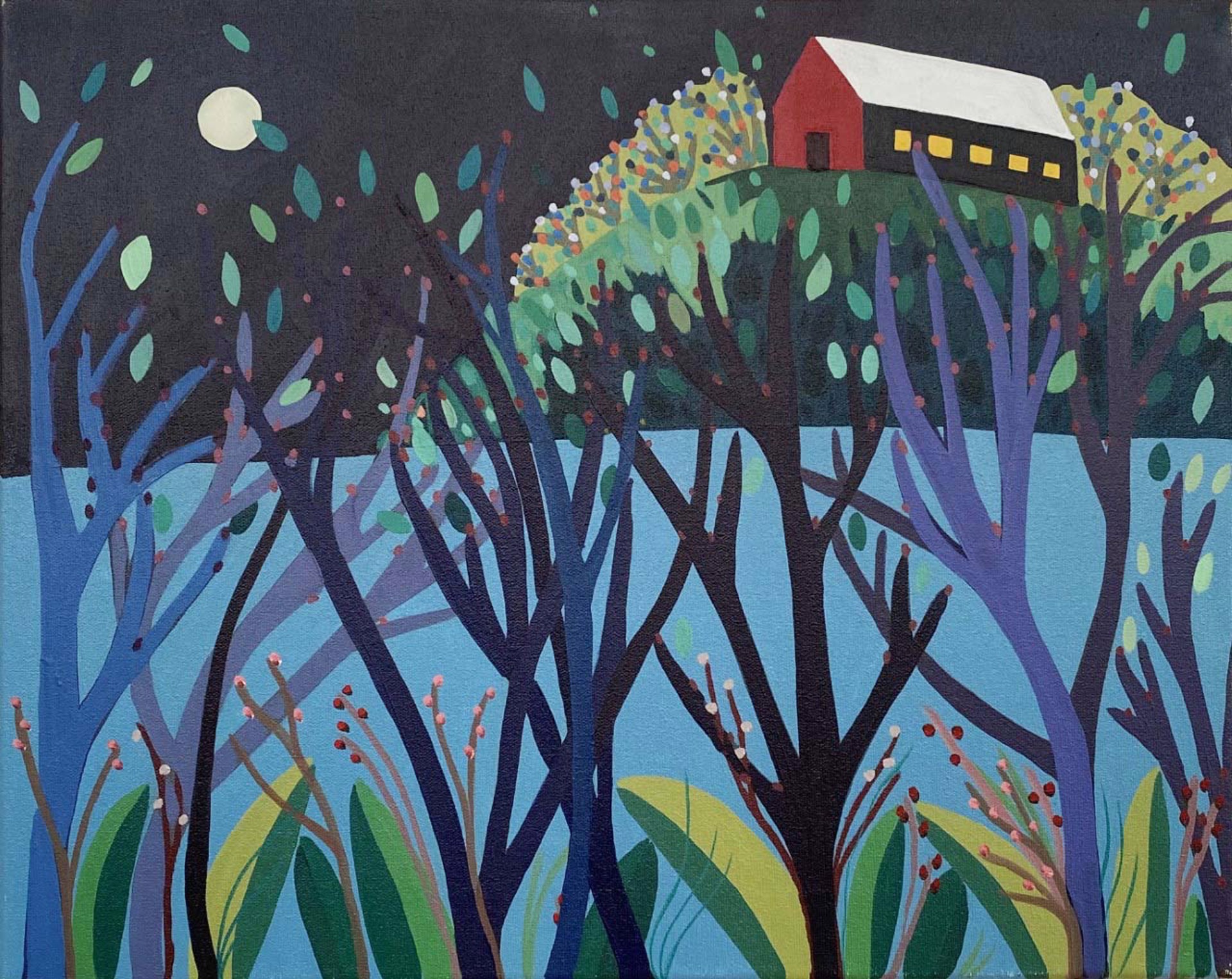Red Barn at Dusk on Pond with Full Moon by Sage Tucker-Ketcham