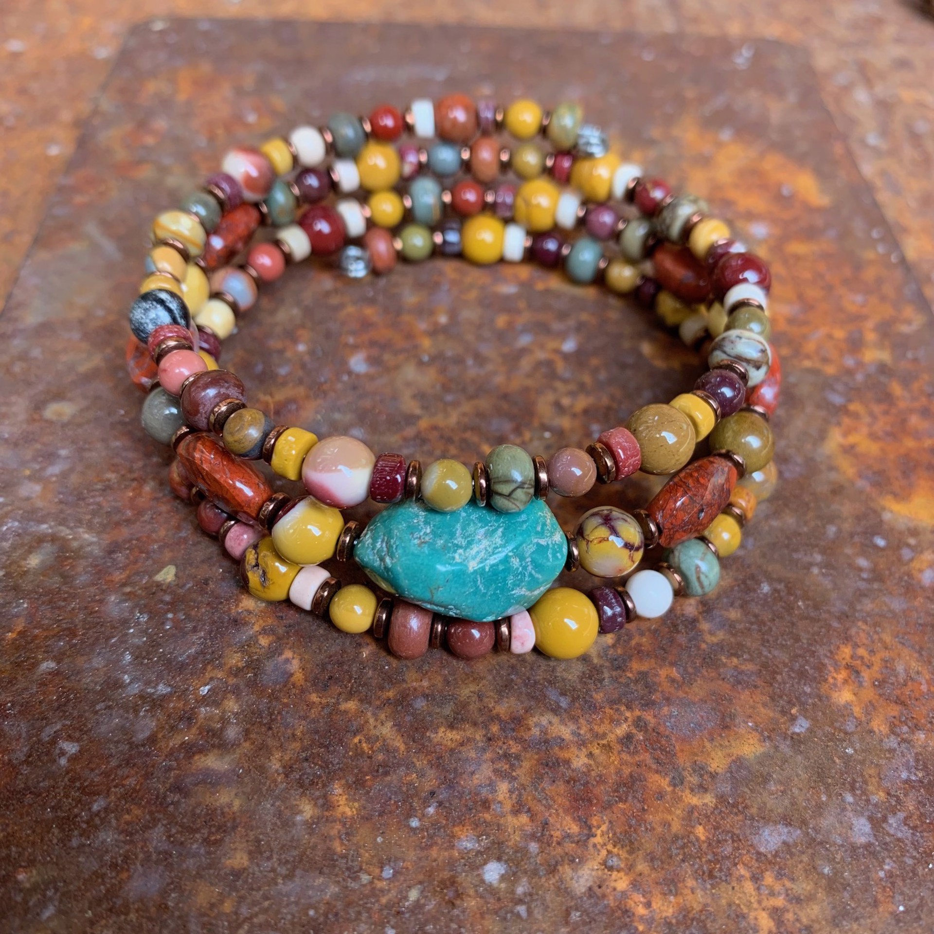 K742 Mookaite and Turquoise Triple Wrap Bracelet by Kelly Ormsby
