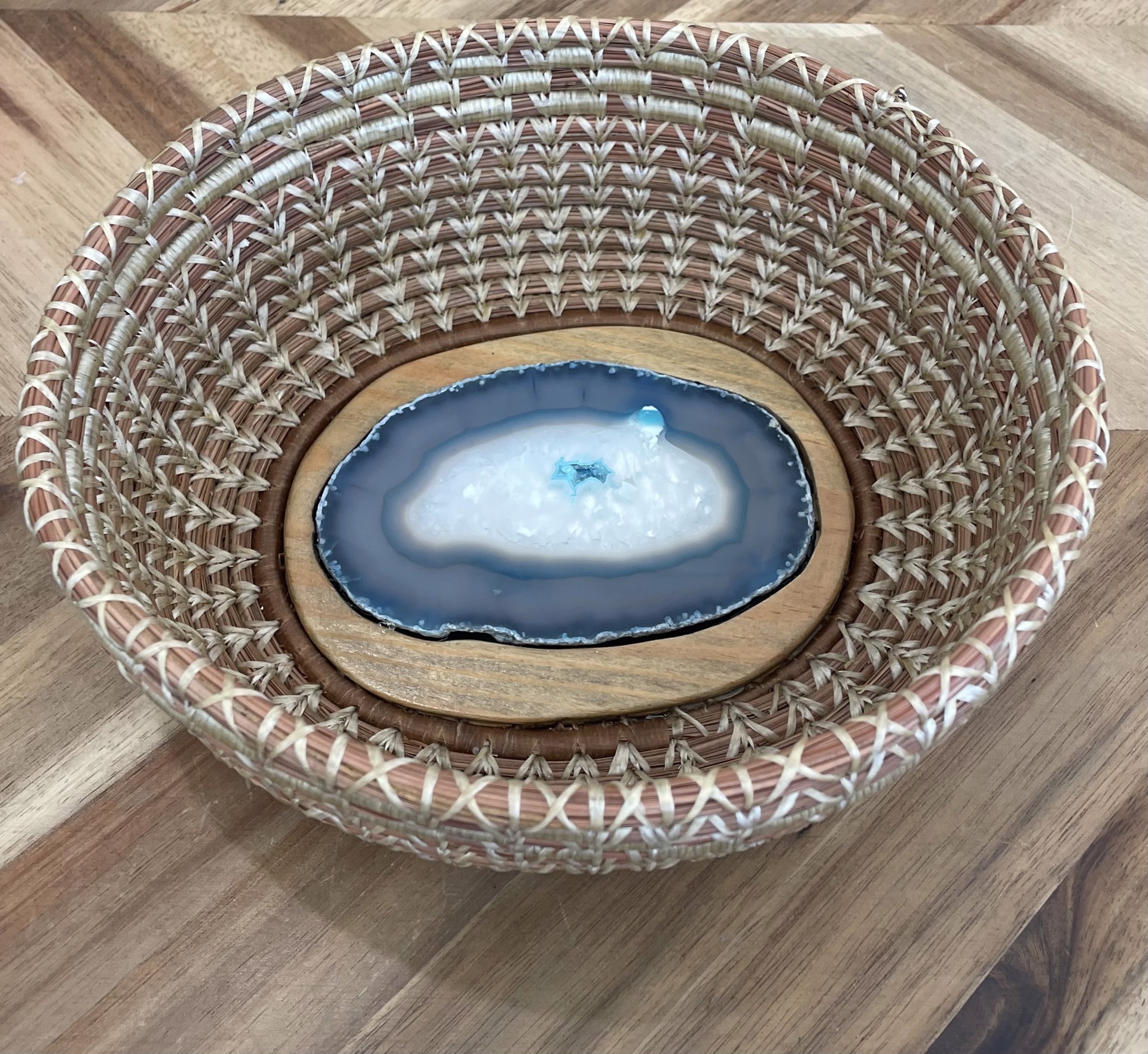 Pine Needle Basket with Grey Blue Geode Base by Bud McLeod