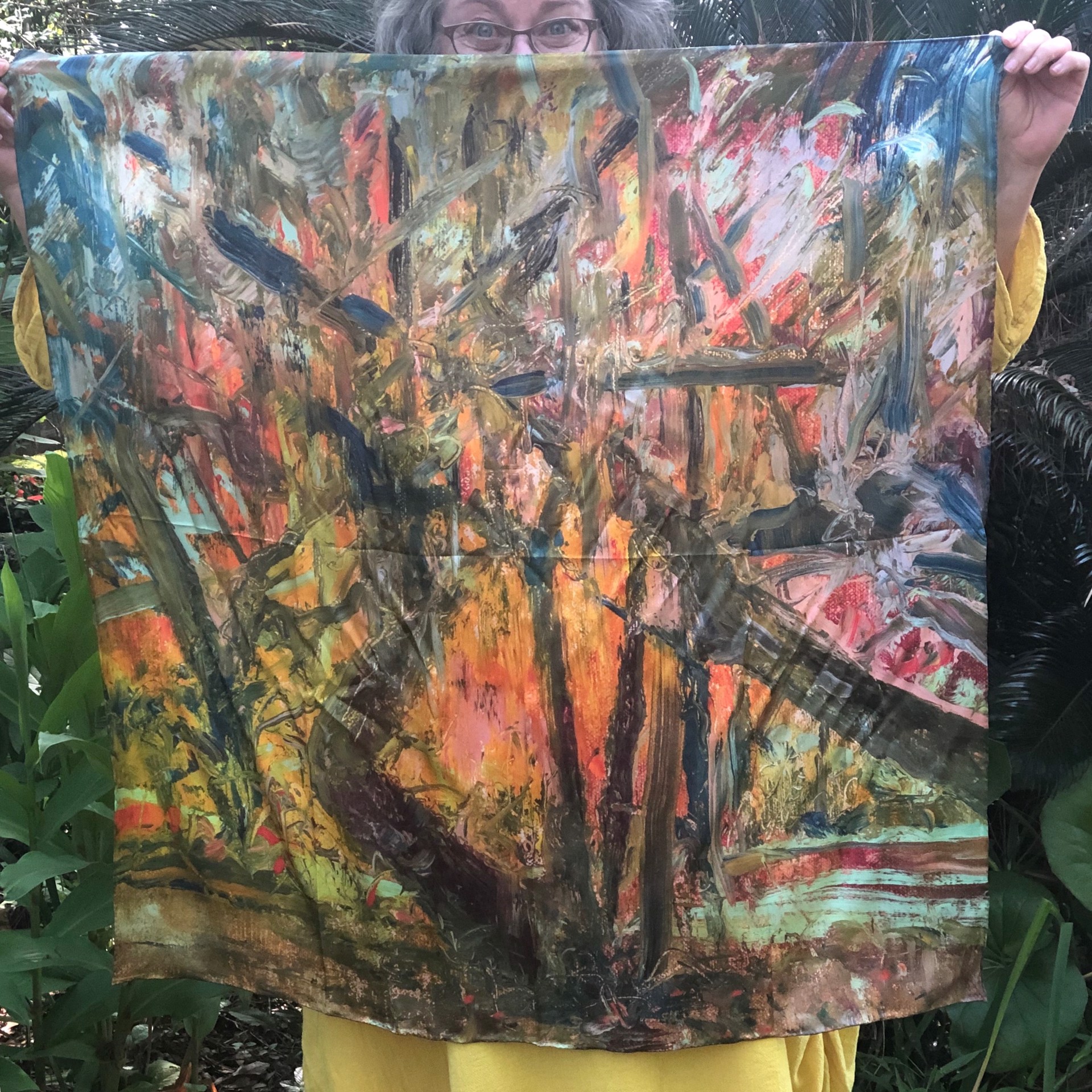 Printed art silk scarf titled "Spirit" by Mary Edna Fraser