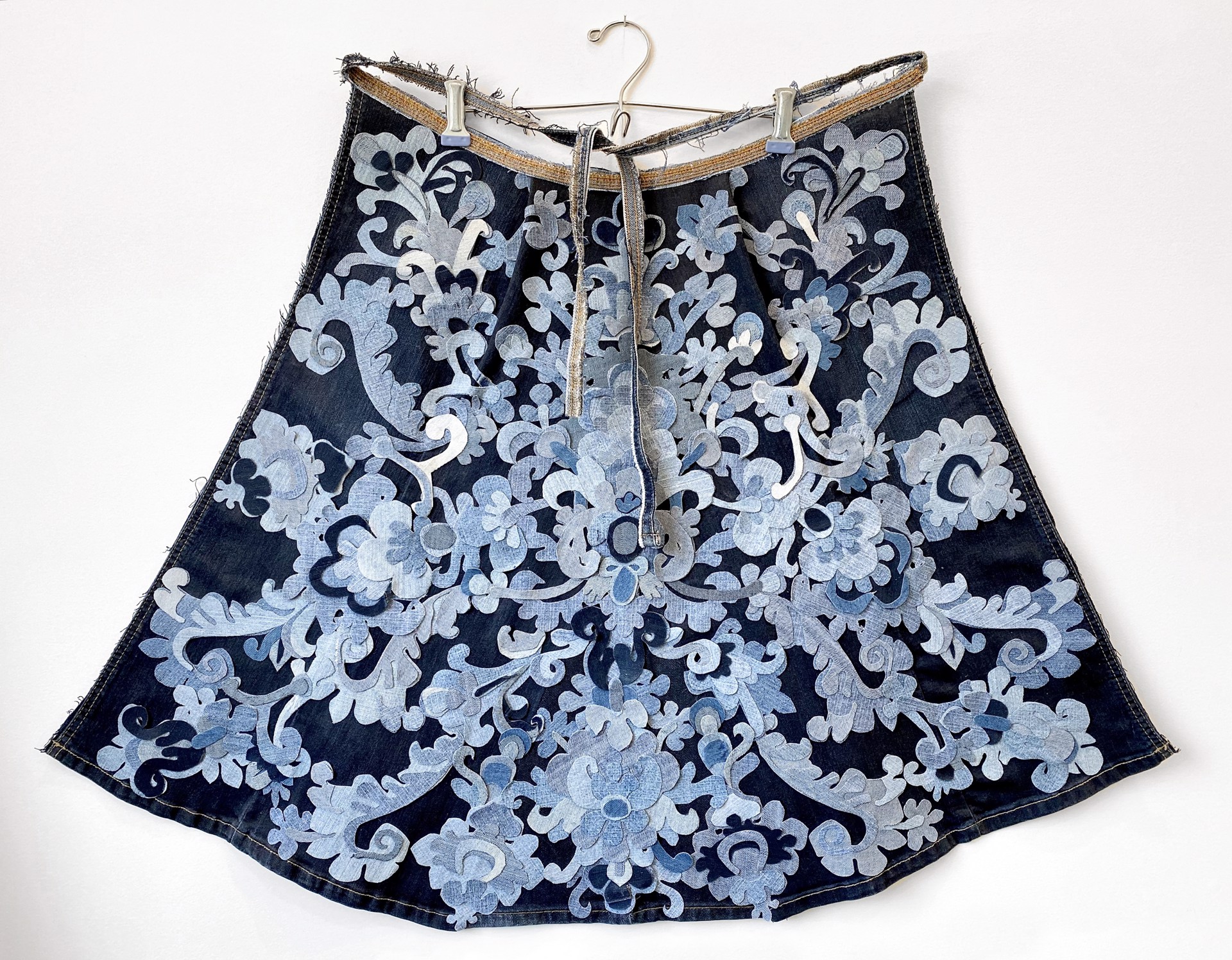 Meticulously Distressed Denim Cape, Gros Point Needle Lace by Libby Newell