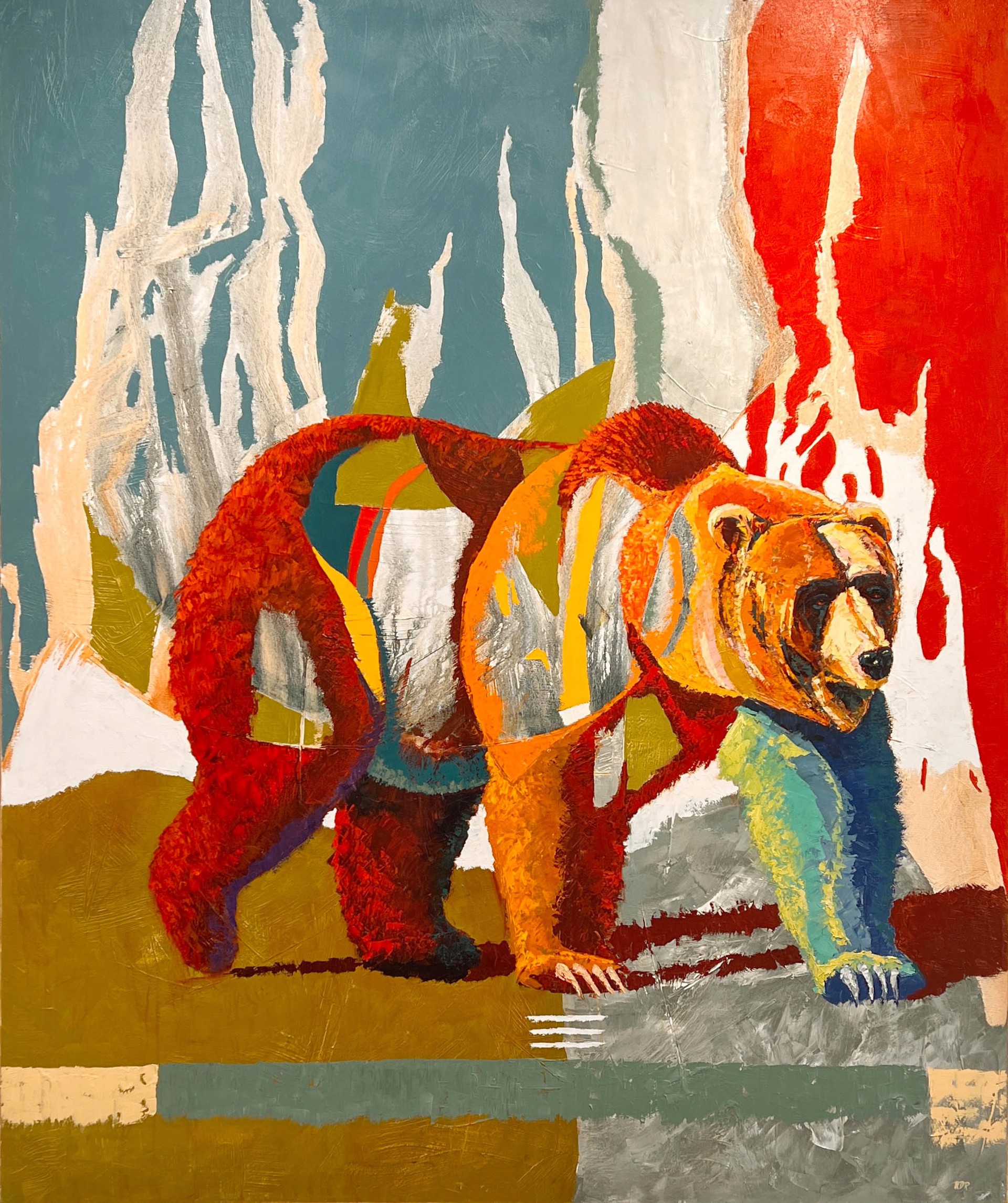 Original Oil Painting Featuring A Walking Grizzly Bear In A Color Block Graphic Style
