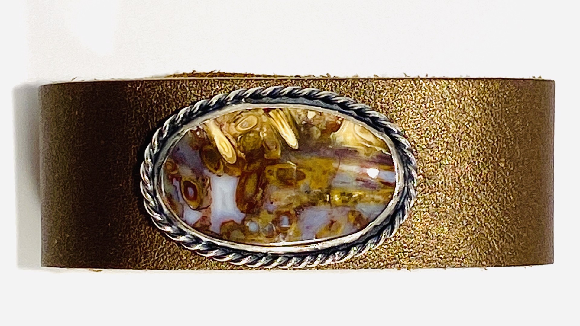 Oval Seam Agate with Rope Bezel on Gold Leather Bracelet AB23-29 by Anne Bivens