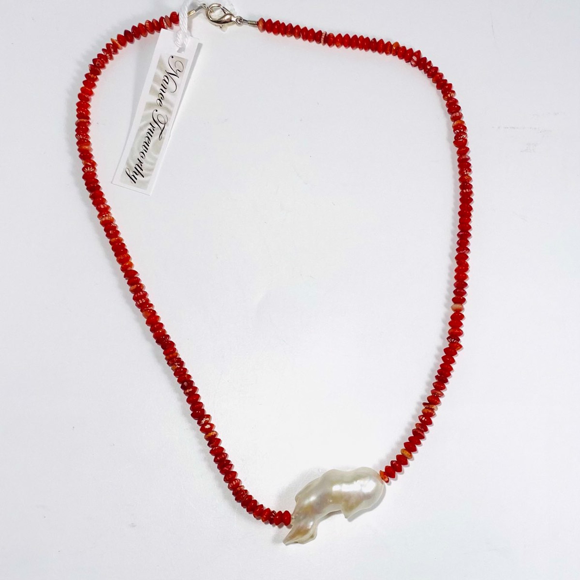 NT22-93 Large Baroque Pearl Focal Red Coral Necklace by Nance Trueworthy