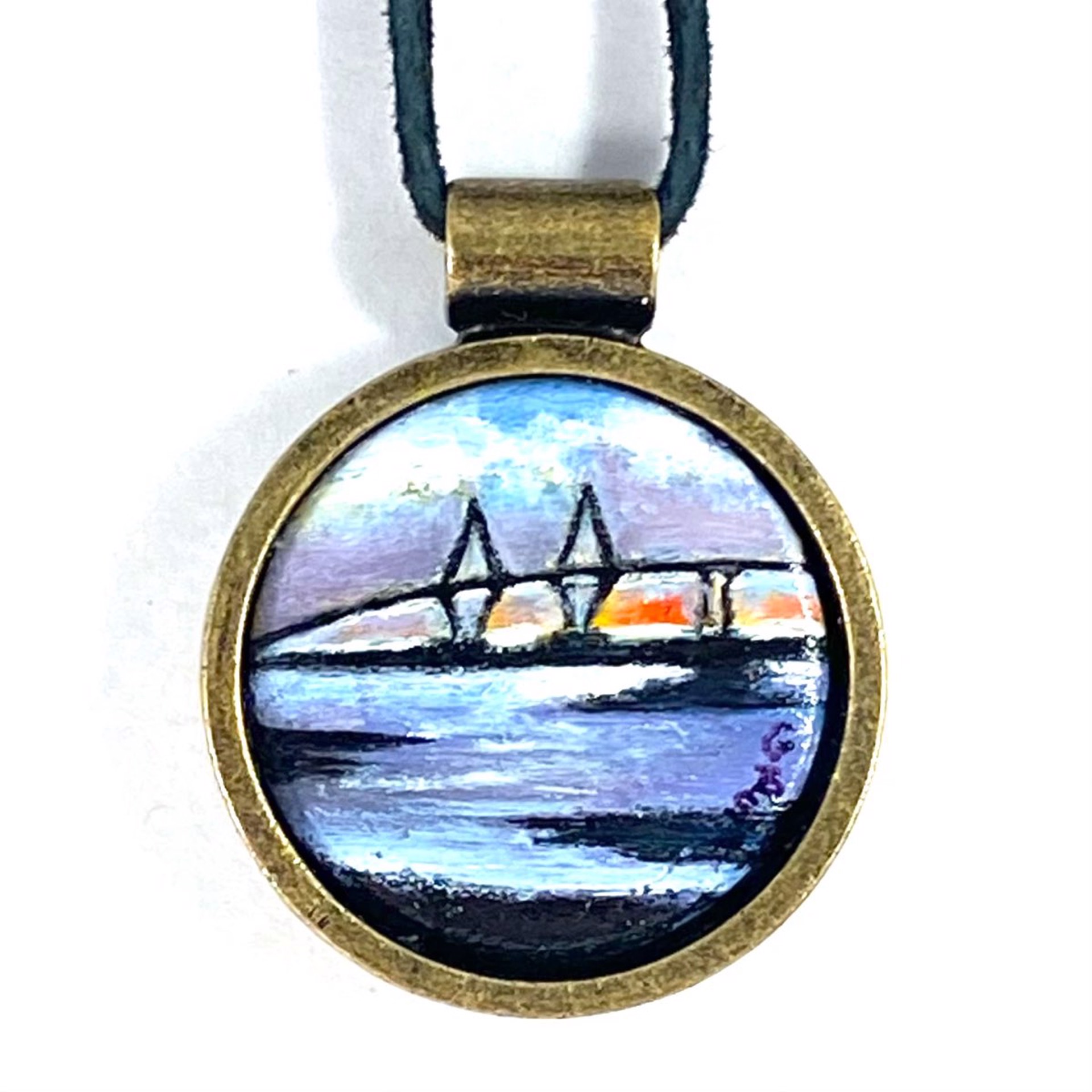 BS22-11 Ravenel Bridge at Sunset-pendent on leather by Barbara Sawyer