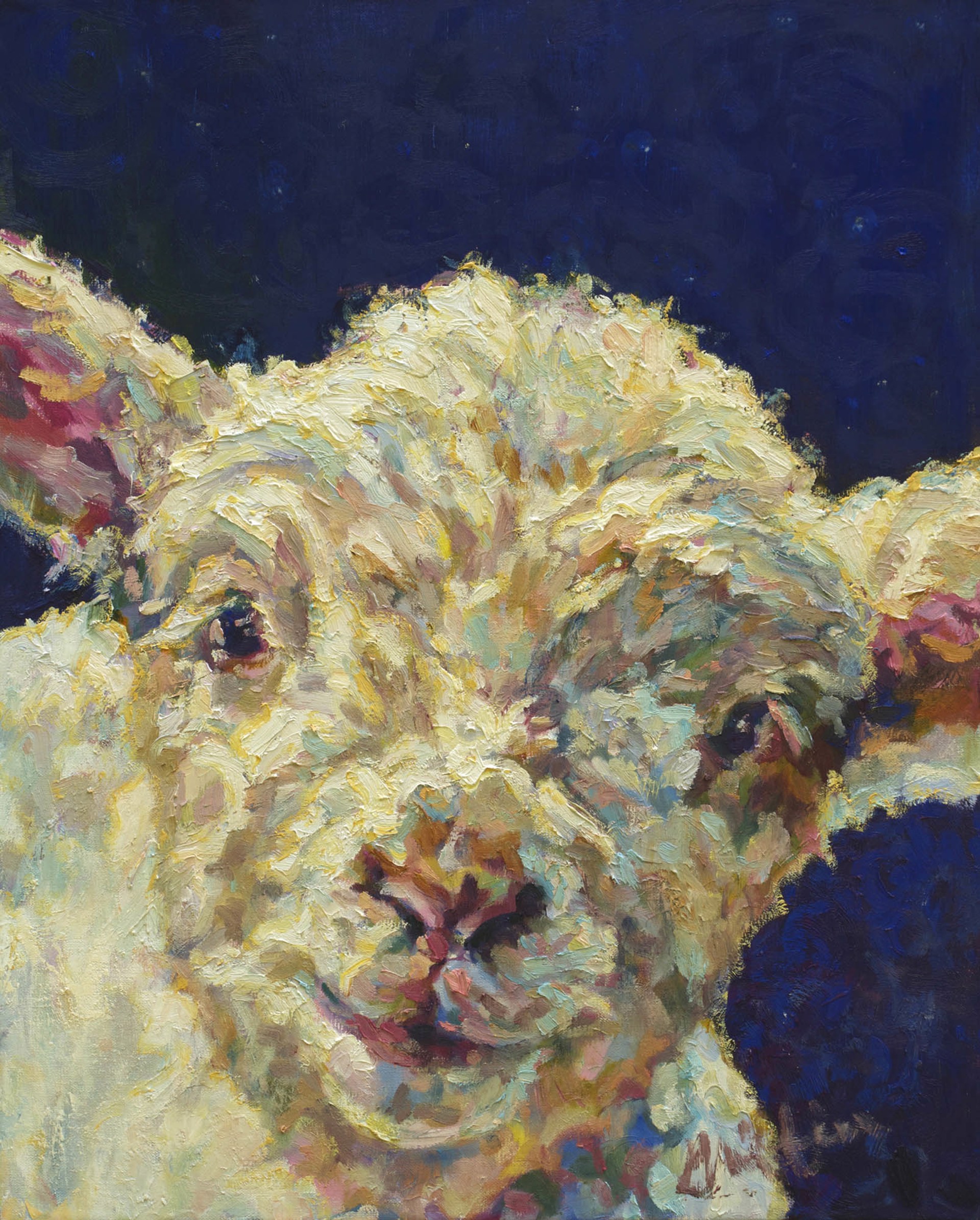 Original Oil Painting Featuring A Sheep On Purple Background