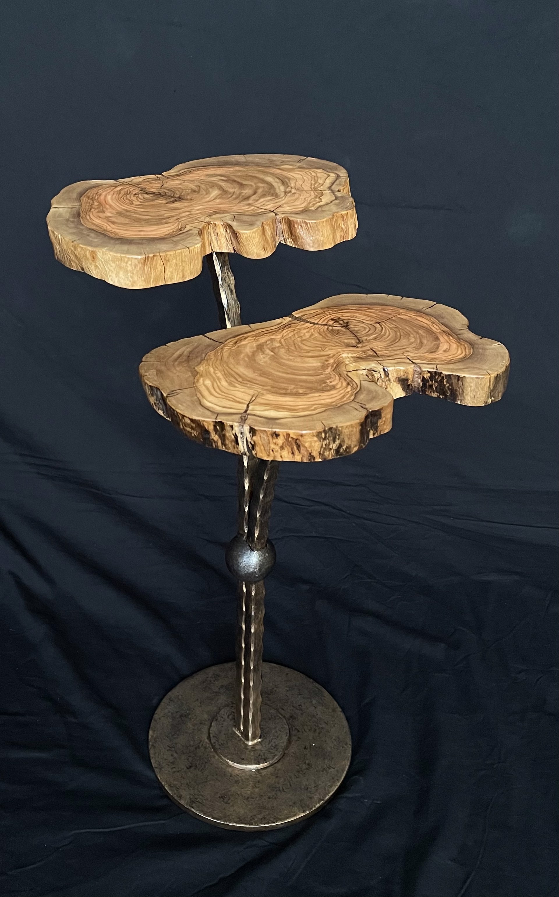 Two-tiered Olive Root Burl Side Table on Steel Post&Ball Base 040523 by Ron Gill