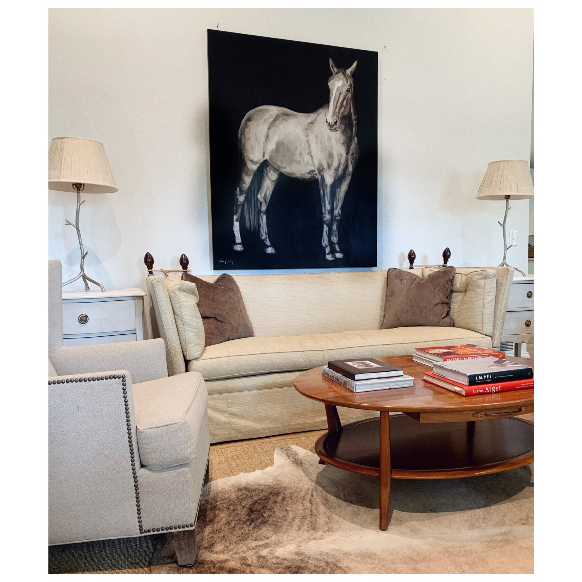 Original Painting Of A White Horse Standing Featuring  A Black Background , By Carrie Penley