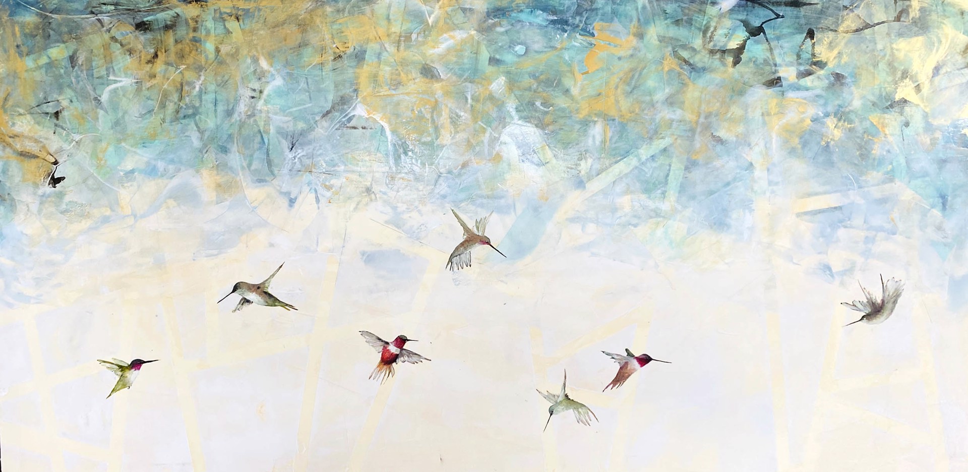 Original Oil Painting Featuring A Flurry Of Flying Hummingbirds Over Abstract Background