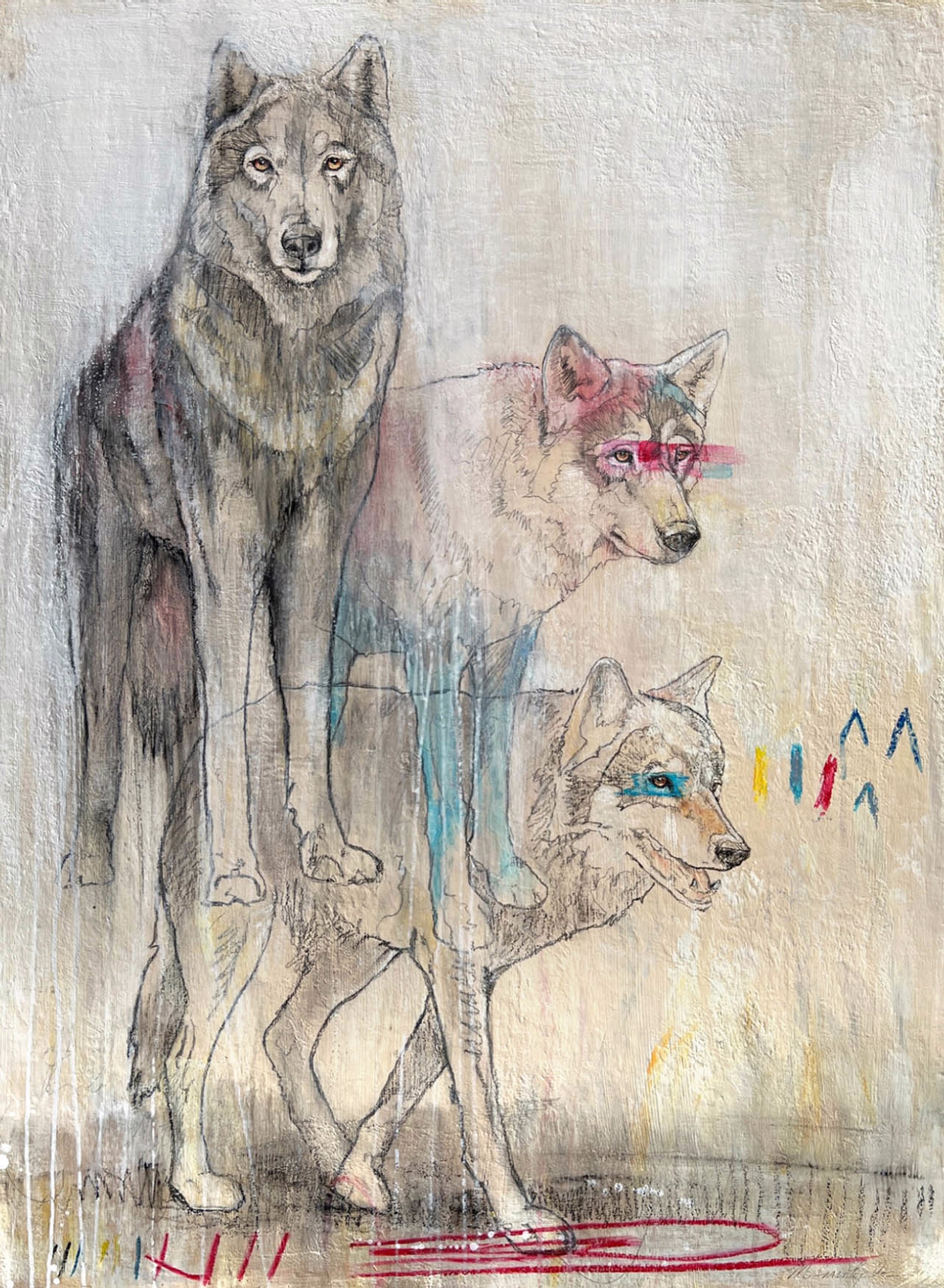 Original Mixed Media Artwork Featuring Three Wolves Sketched Over Abstract Grey Background With Primary Color Linear Details