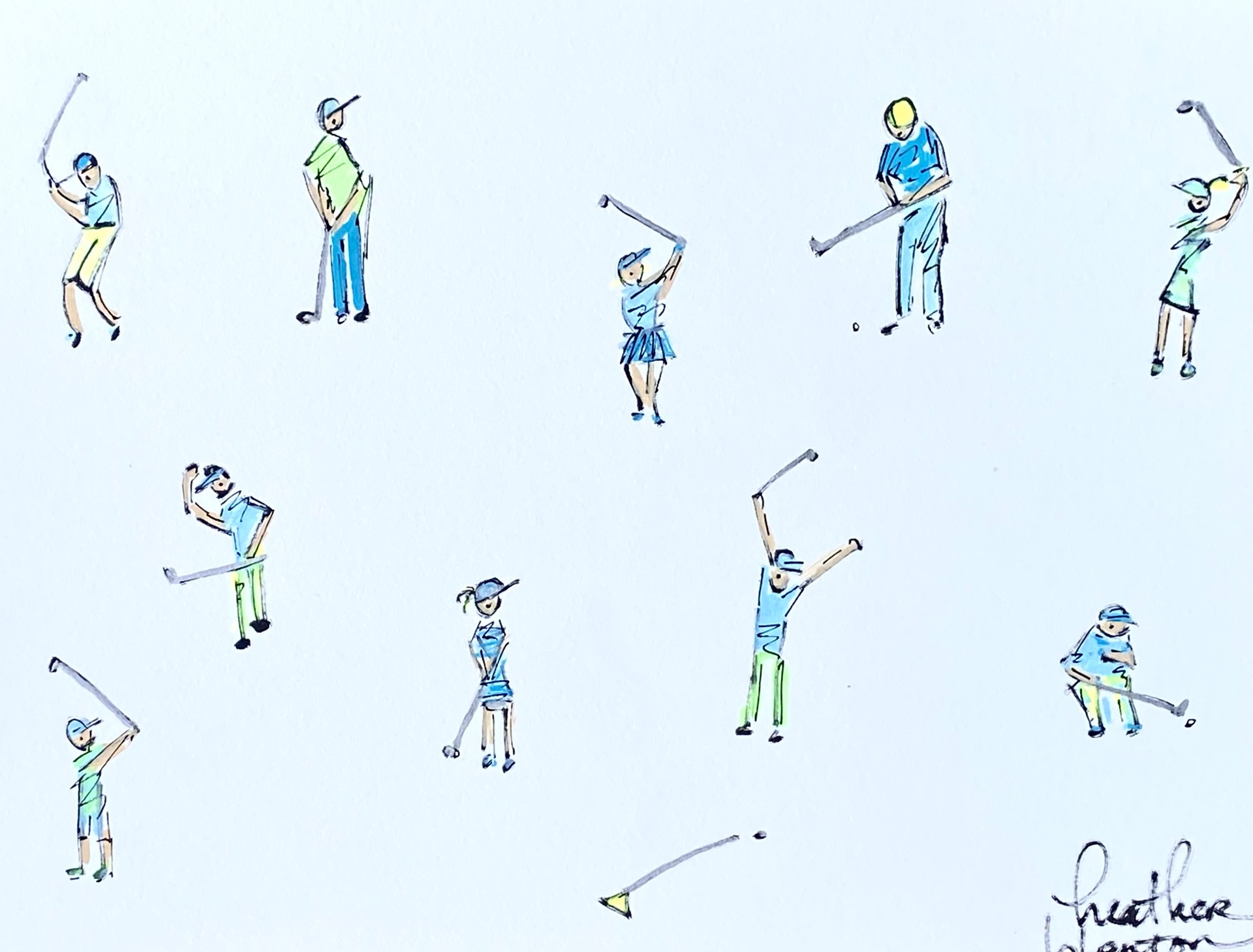 Golfers in Blue on Paper by Heather Blanton