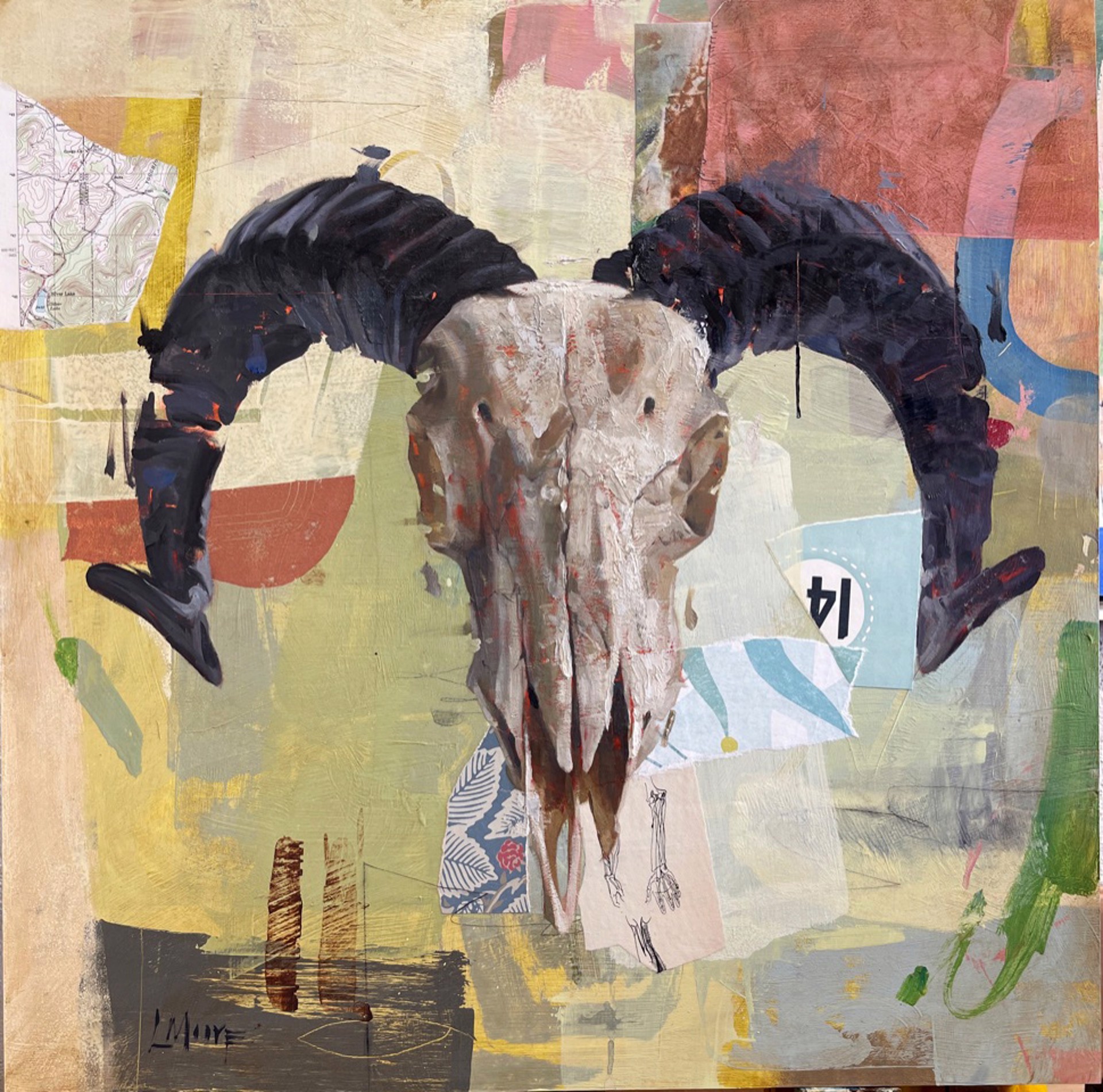 Original Mixed Media Painting By Larry Moore Of A Bighorn Sheep Skull With Abstract Background