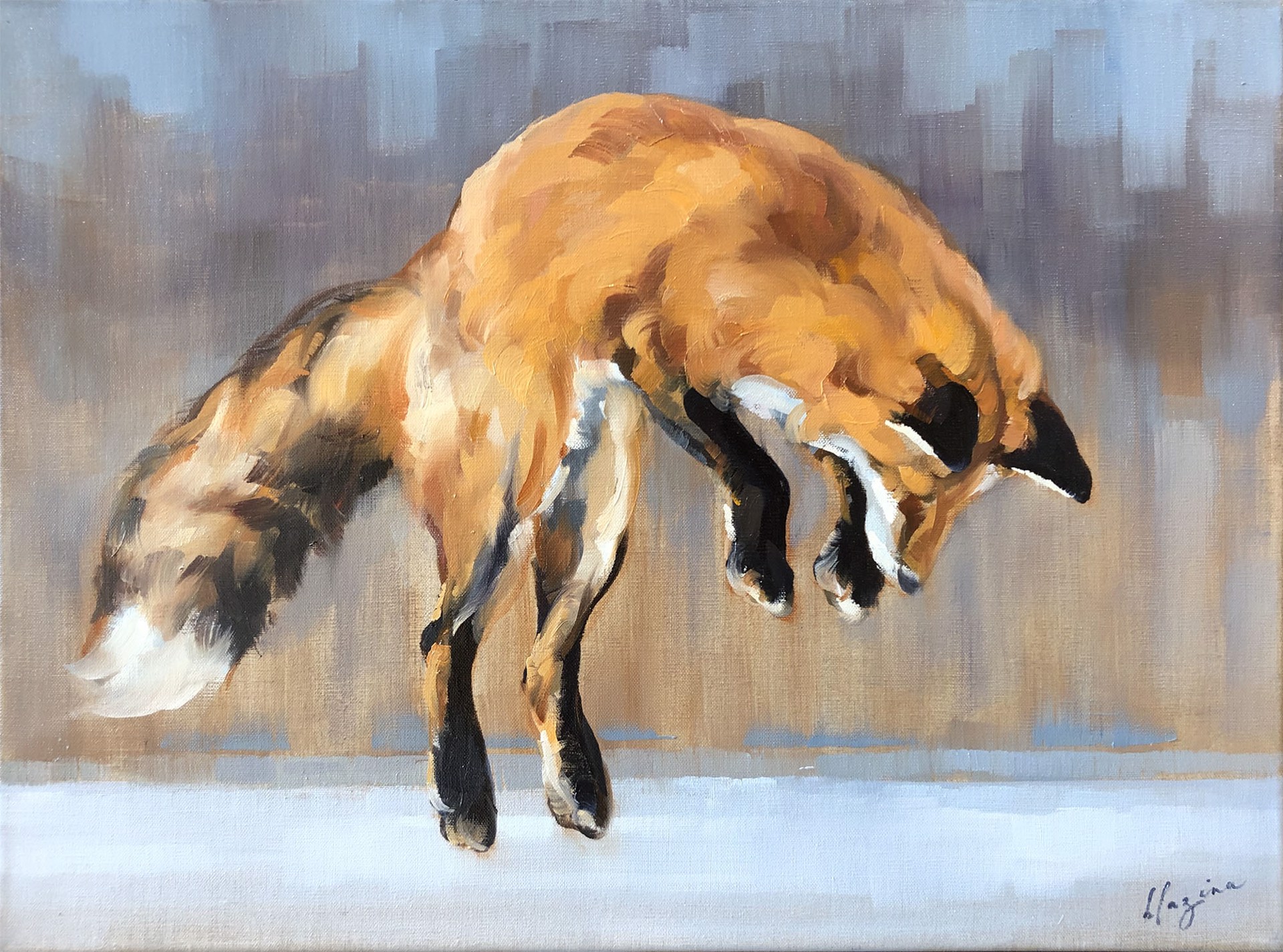 A Contemporary Oil Painting Of A Fox Pouning In The Snow By Amber Blazina At Gallery Wild