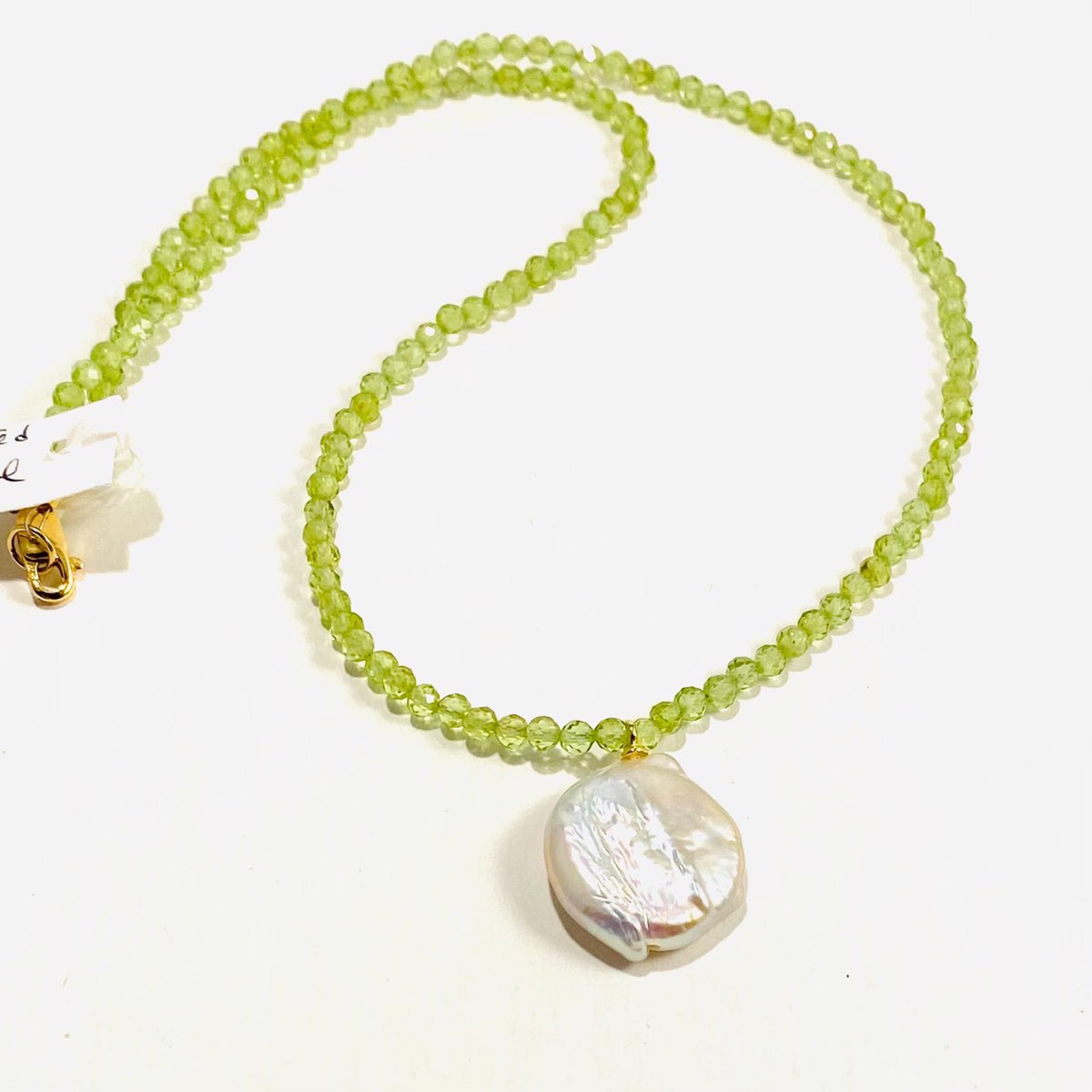 NT22-236  Faceted Small Peridot Coin Pearl Drop Necklace by Nance Trueworthy