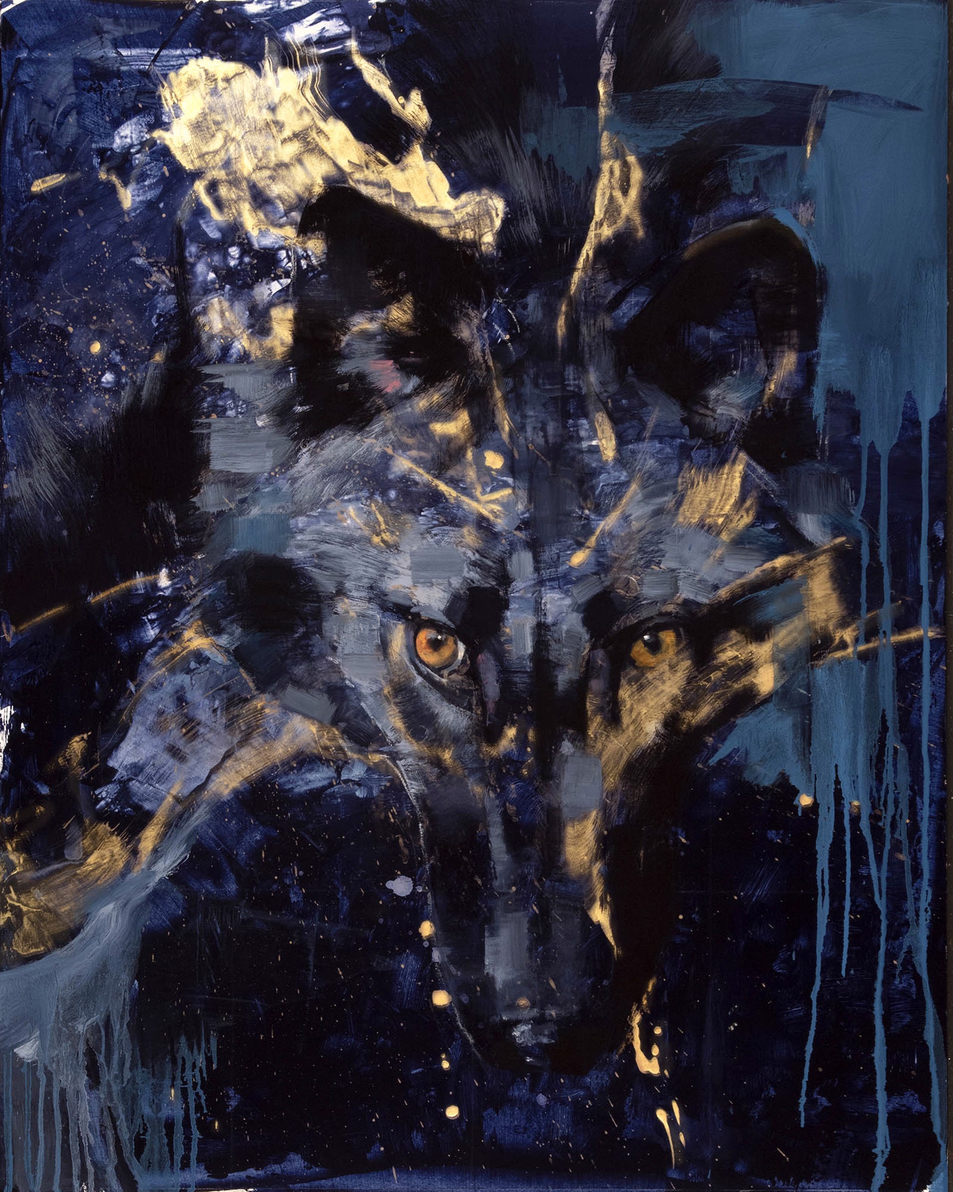 A Dark Blue Setting With Gold Flakes And Glowing Eyes Of A Wolf