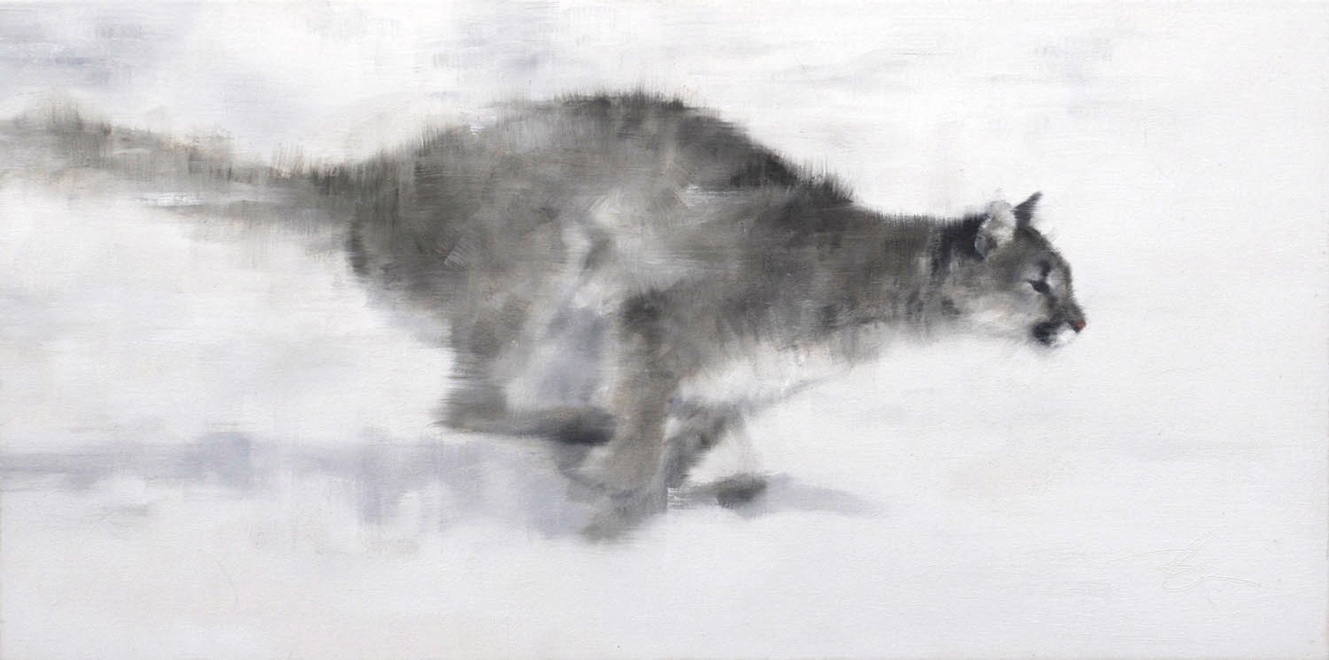 Original Oil Painting Featuring A Cougar Running Through White Snowy Background