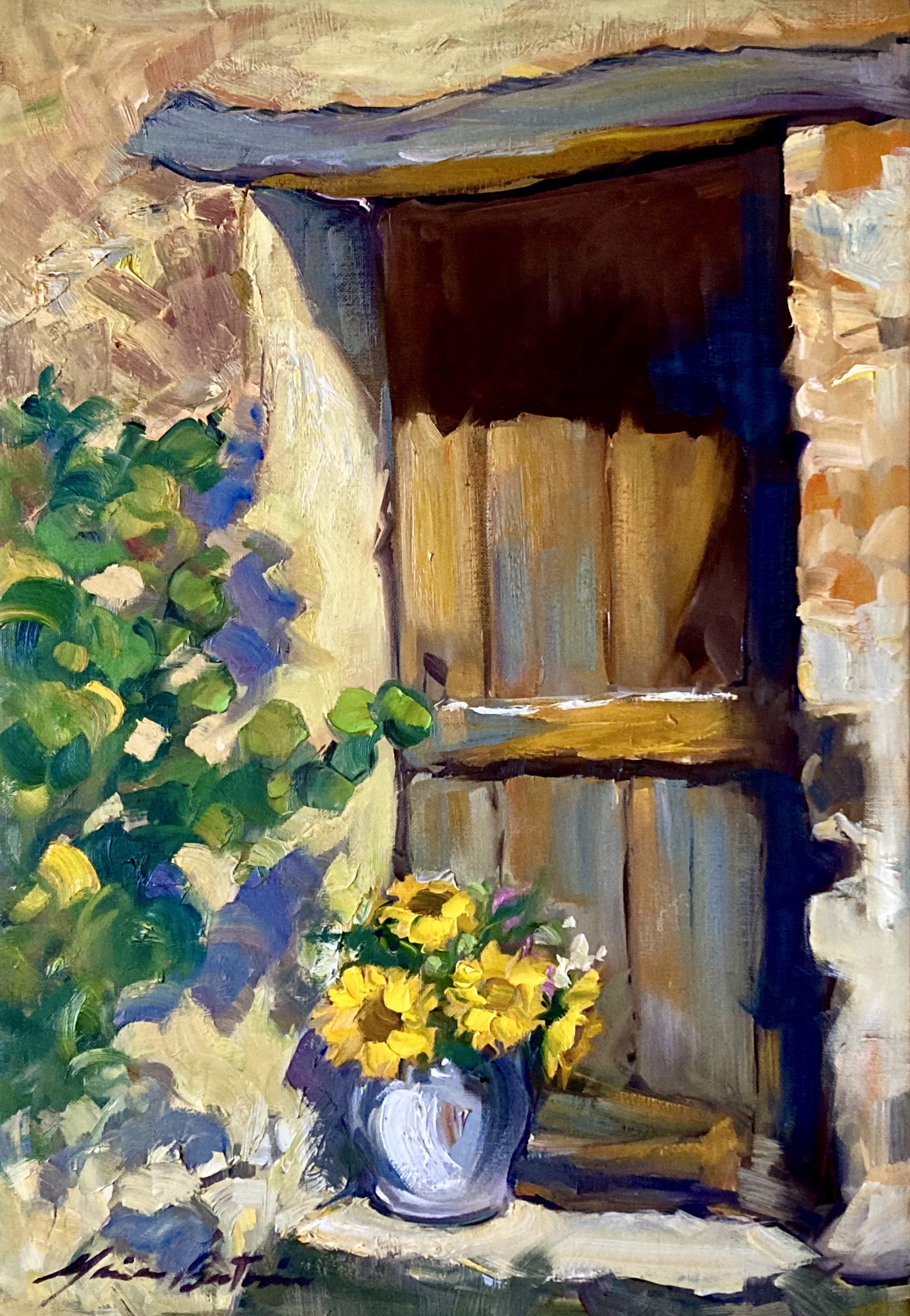 Old Door and Sunflowers by Maria Bertrán