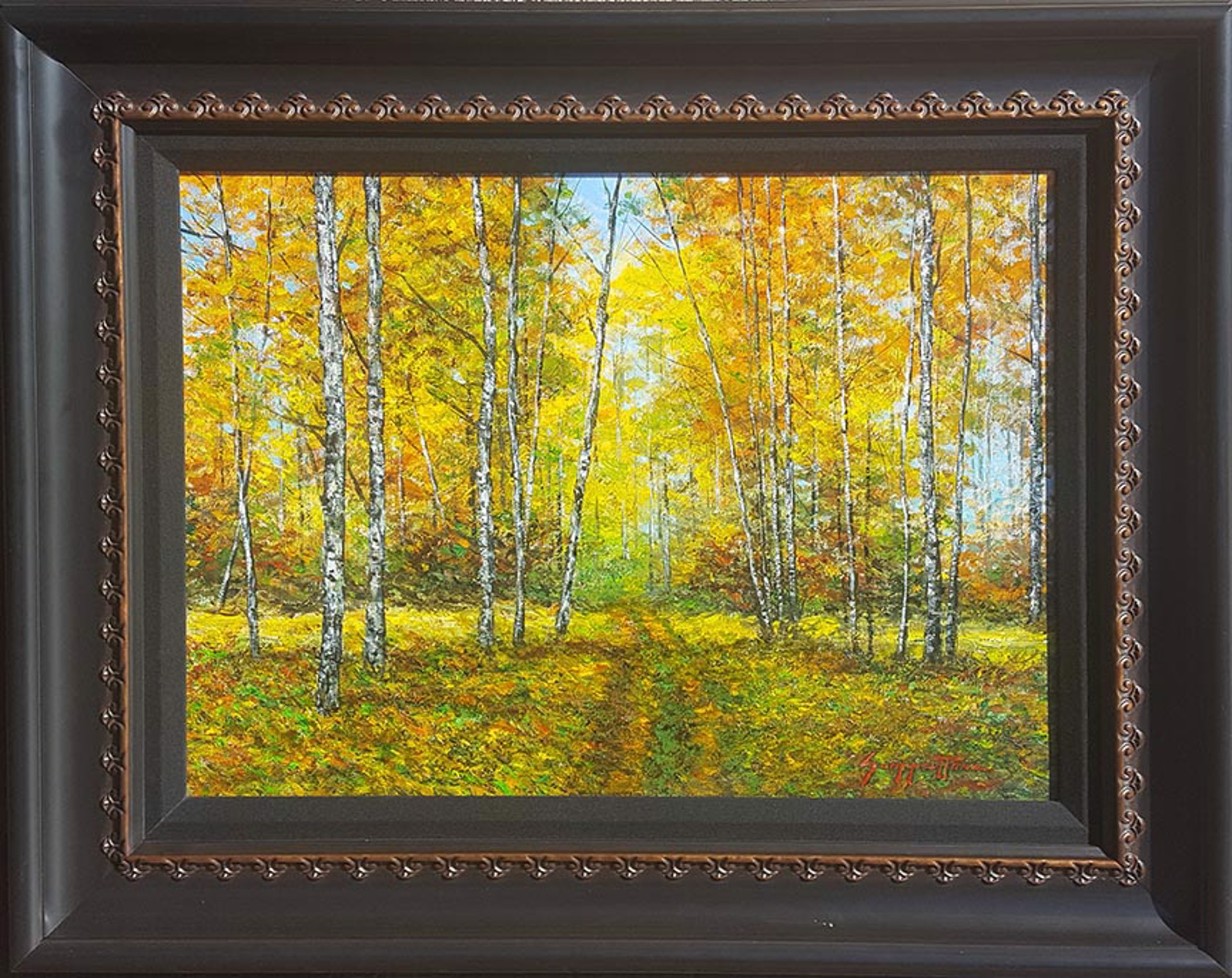 James Scoppettone, A birch path, landscape paintings, fall , leaves