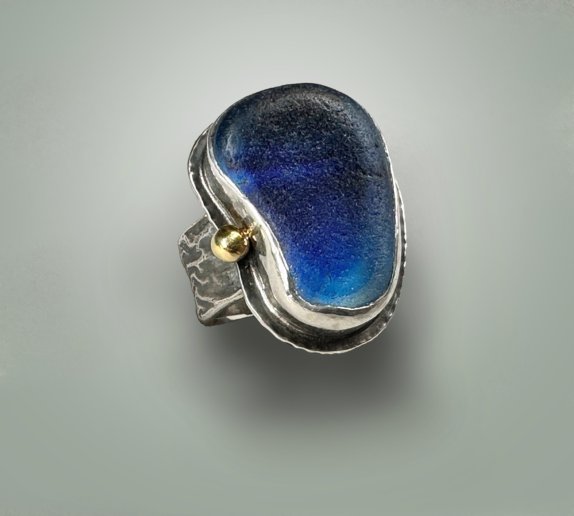 Deep  Blue Seaglass Ring with Gold Dot by Judith Altruda