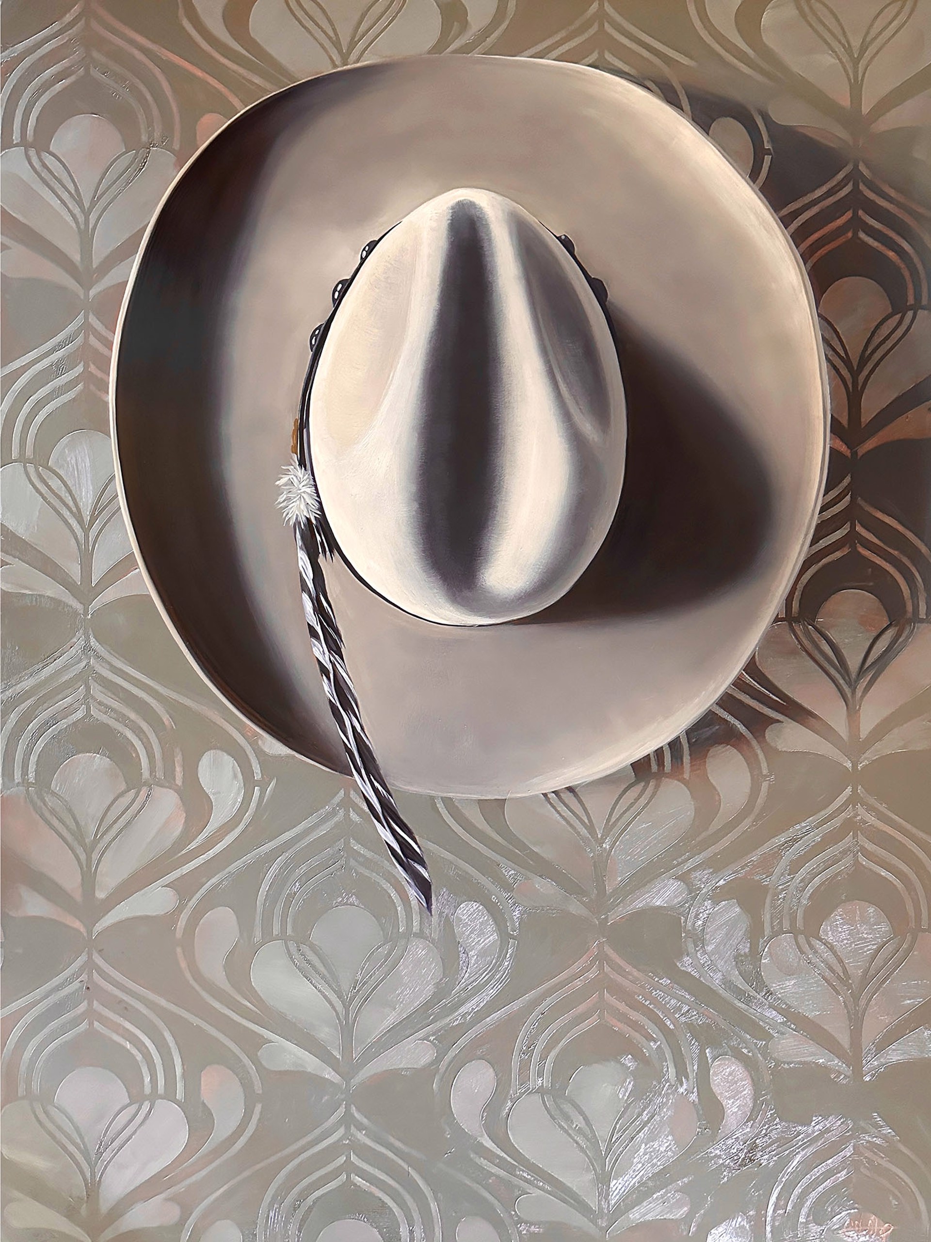 Original Oil Painting By Christy Stallop Featuring A Beige Stetson Hat Hanging Against Art Deco Wallpaper