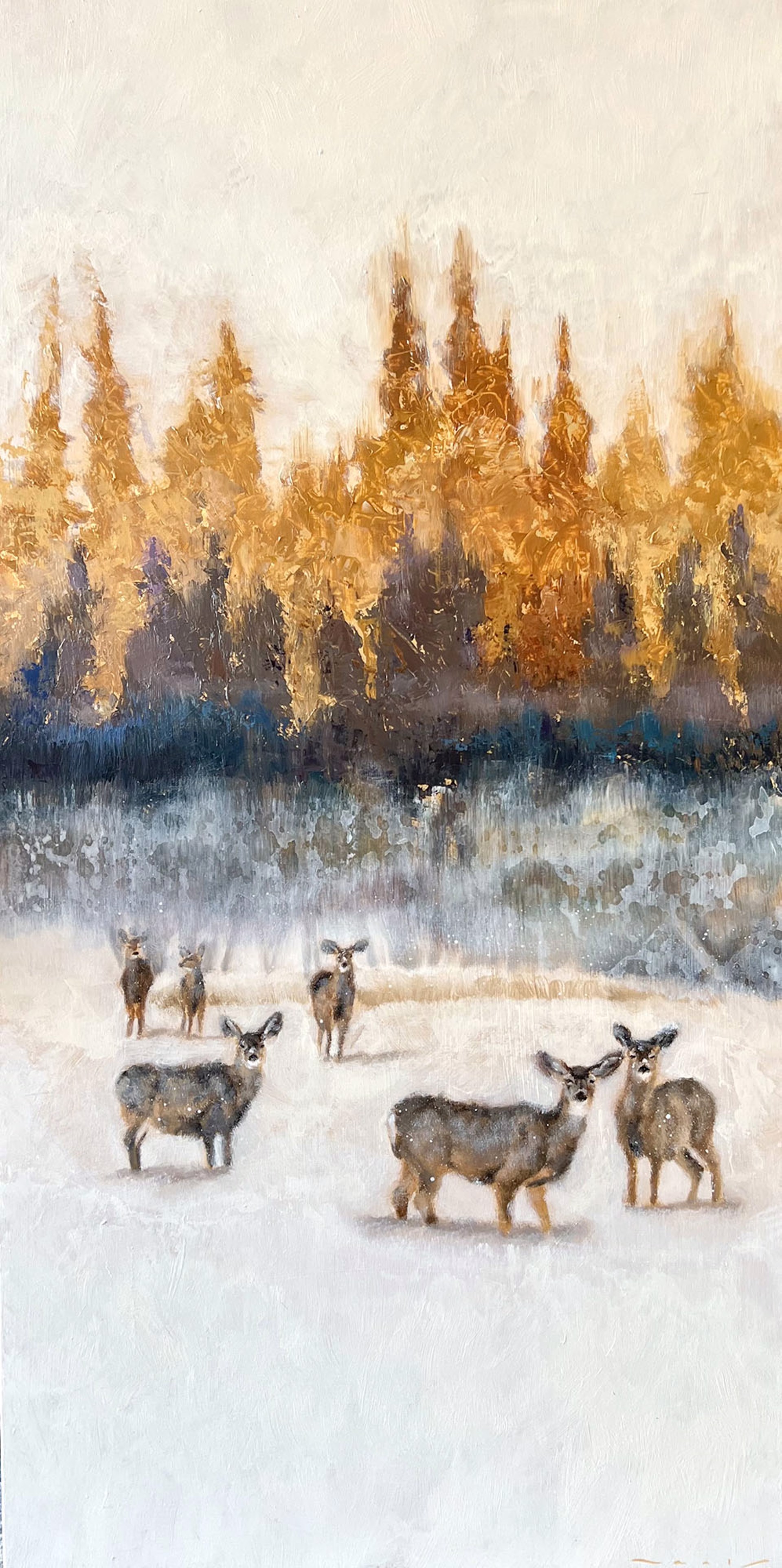 Original Mixed Media Painting By Nealy Riley Featuring A Herd Of Mule Deer On Snowy Abstracted Landscape With Gold Leaf Highlights
