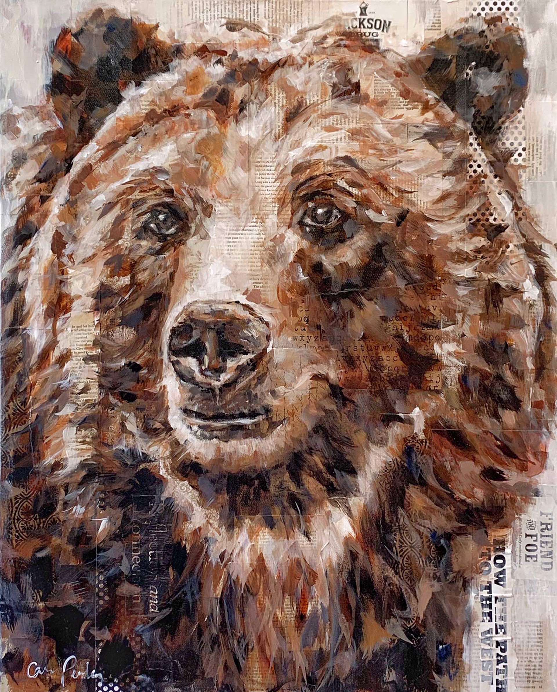 A Unique Original Acrylic Painting Of A Bear Face With A Collage Background That Shows Throgh By Carrie Penley