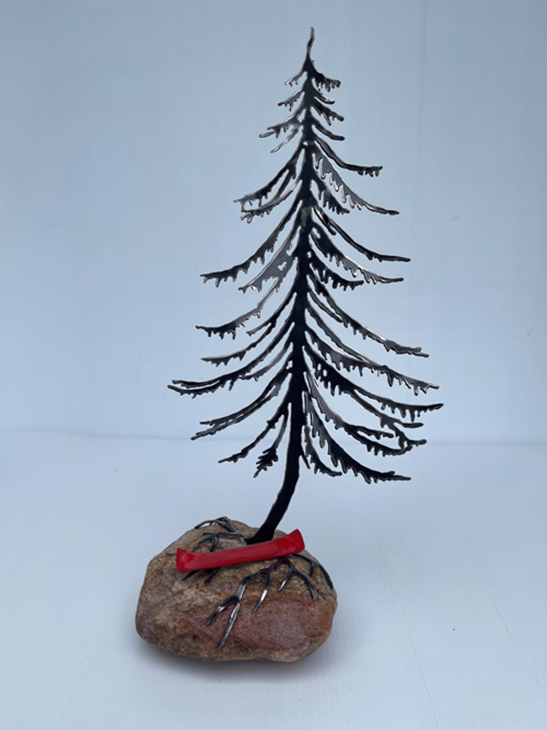 Jack Pine with Red Canoe on Rock by Cathy Mark