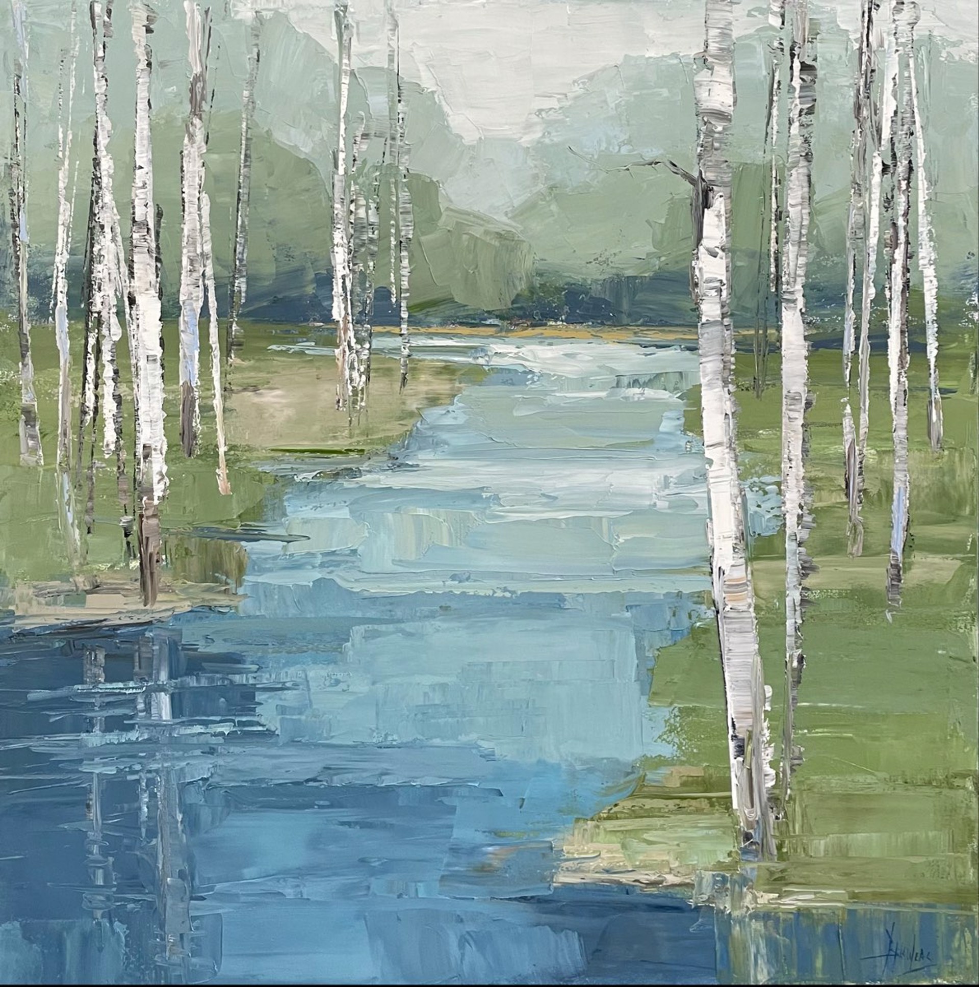 Birch Along Blue Waters by Barbara Flowers