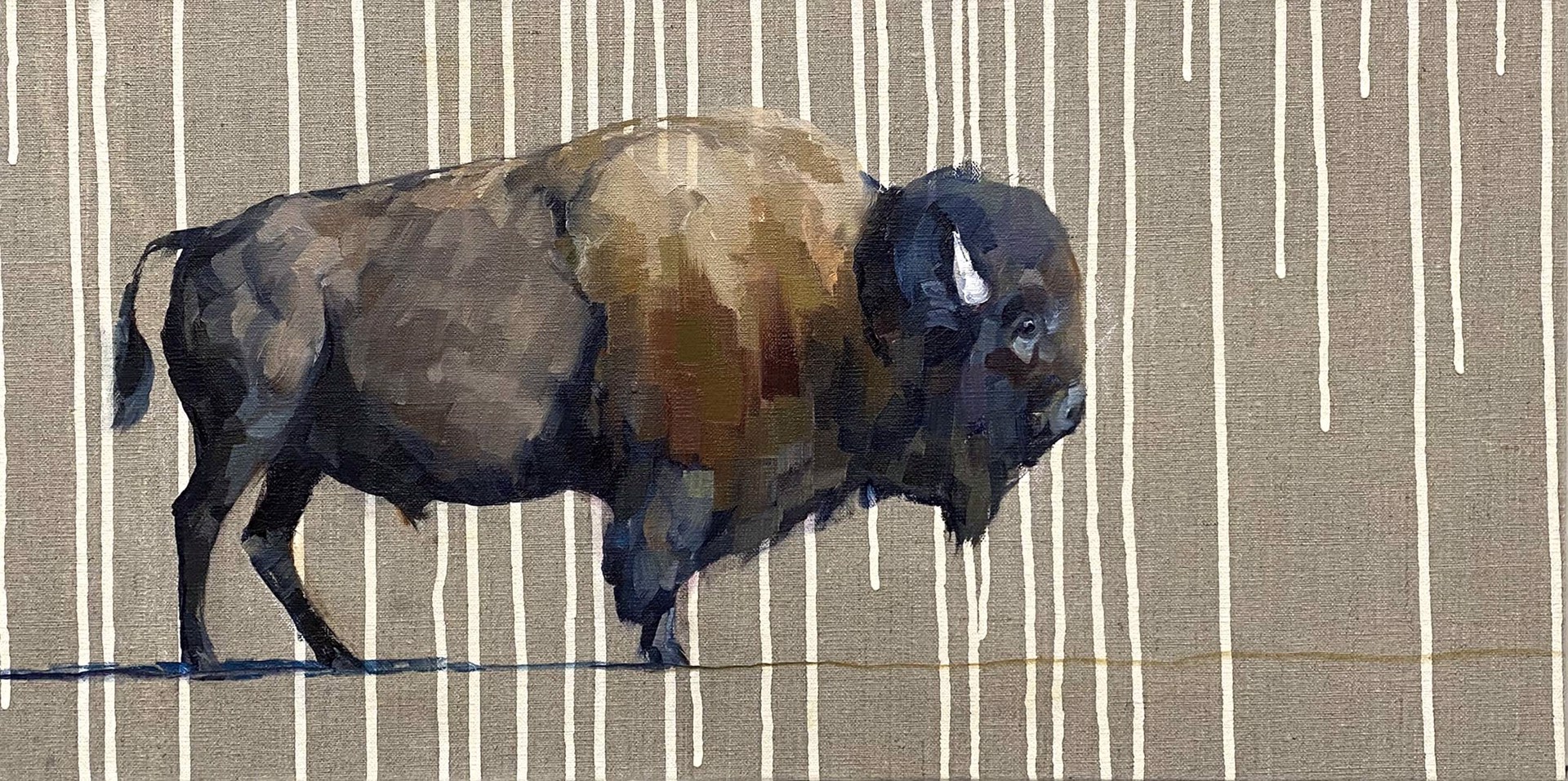 Single Bison Walking Across Raw Linen Background With Drips Of White Paint