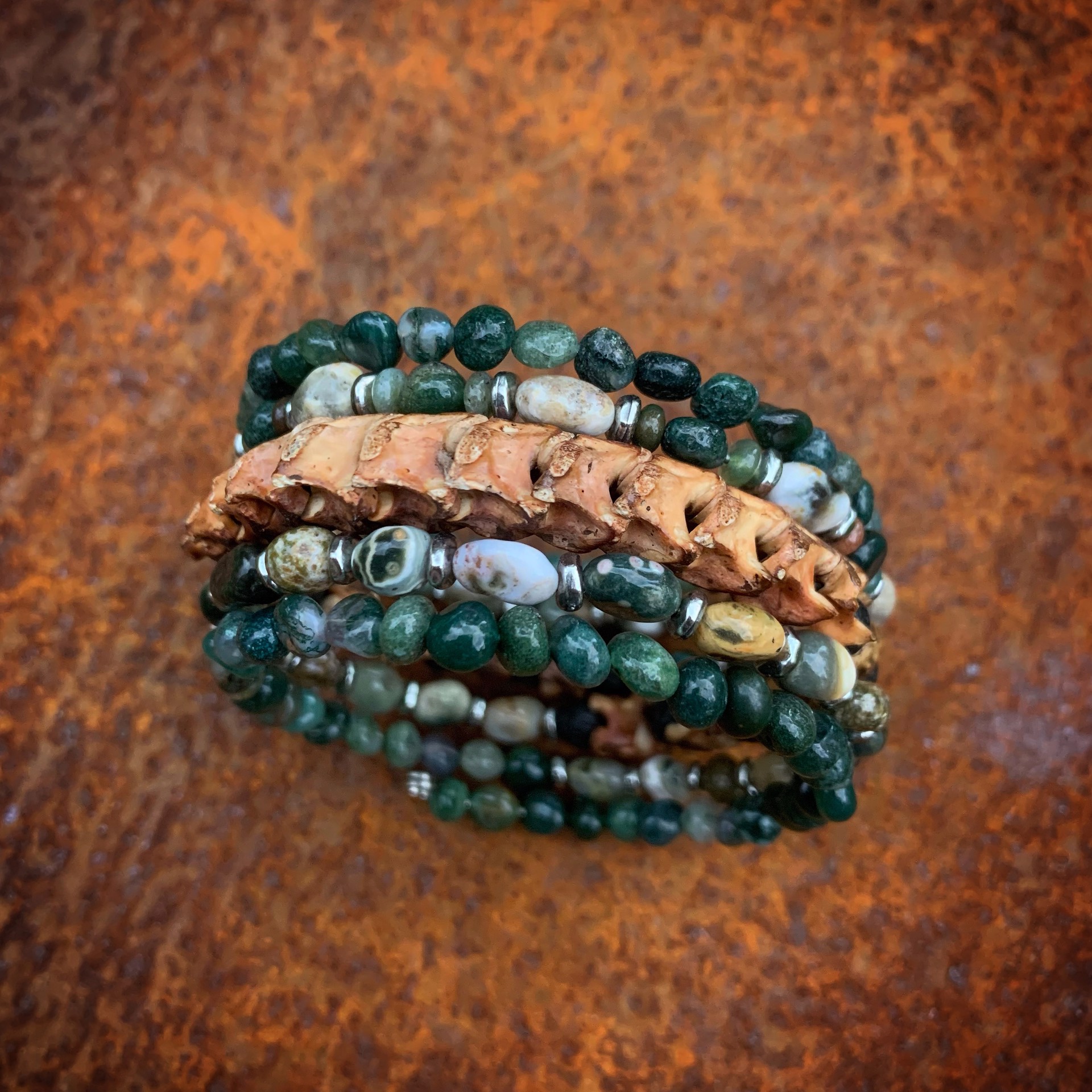 K621 Green Jasper with African Snake Bones by Kelly Ormsby